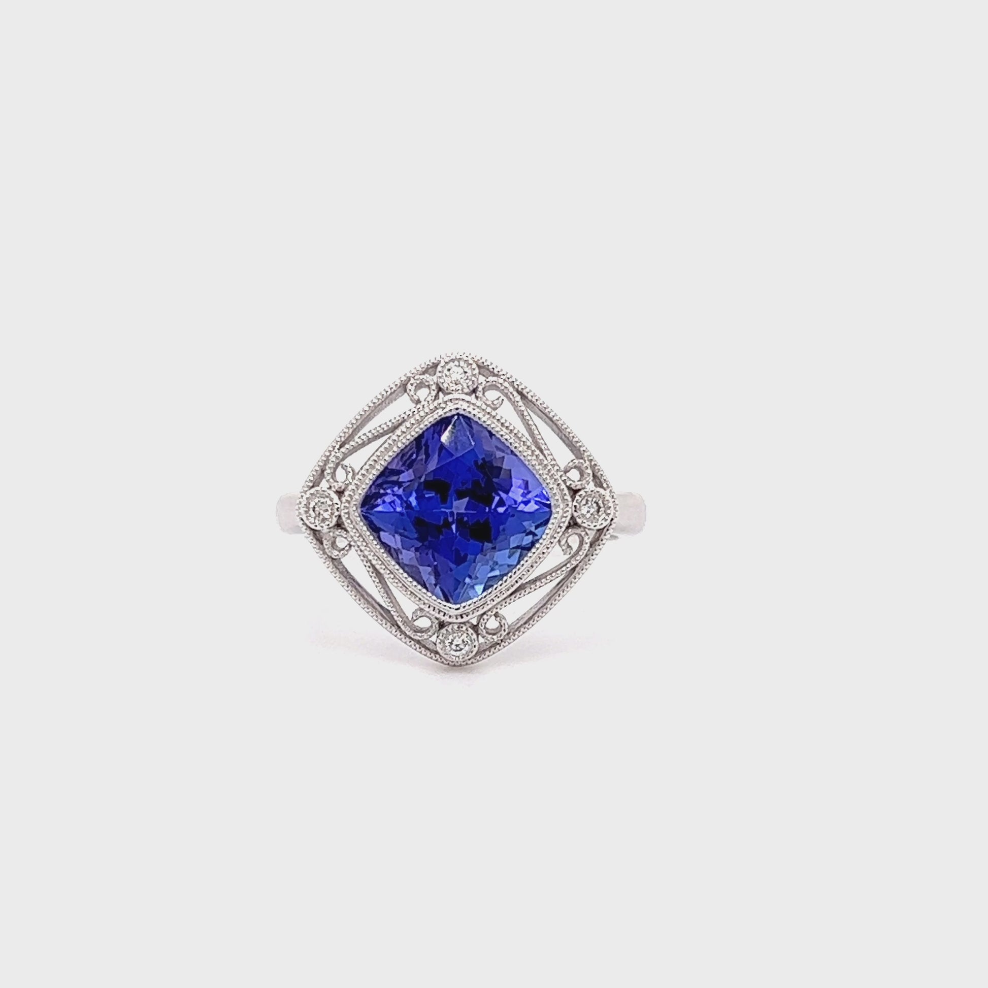Tanzanite Cushion Ring with Four Side Diamonds in 14K White Gold Video