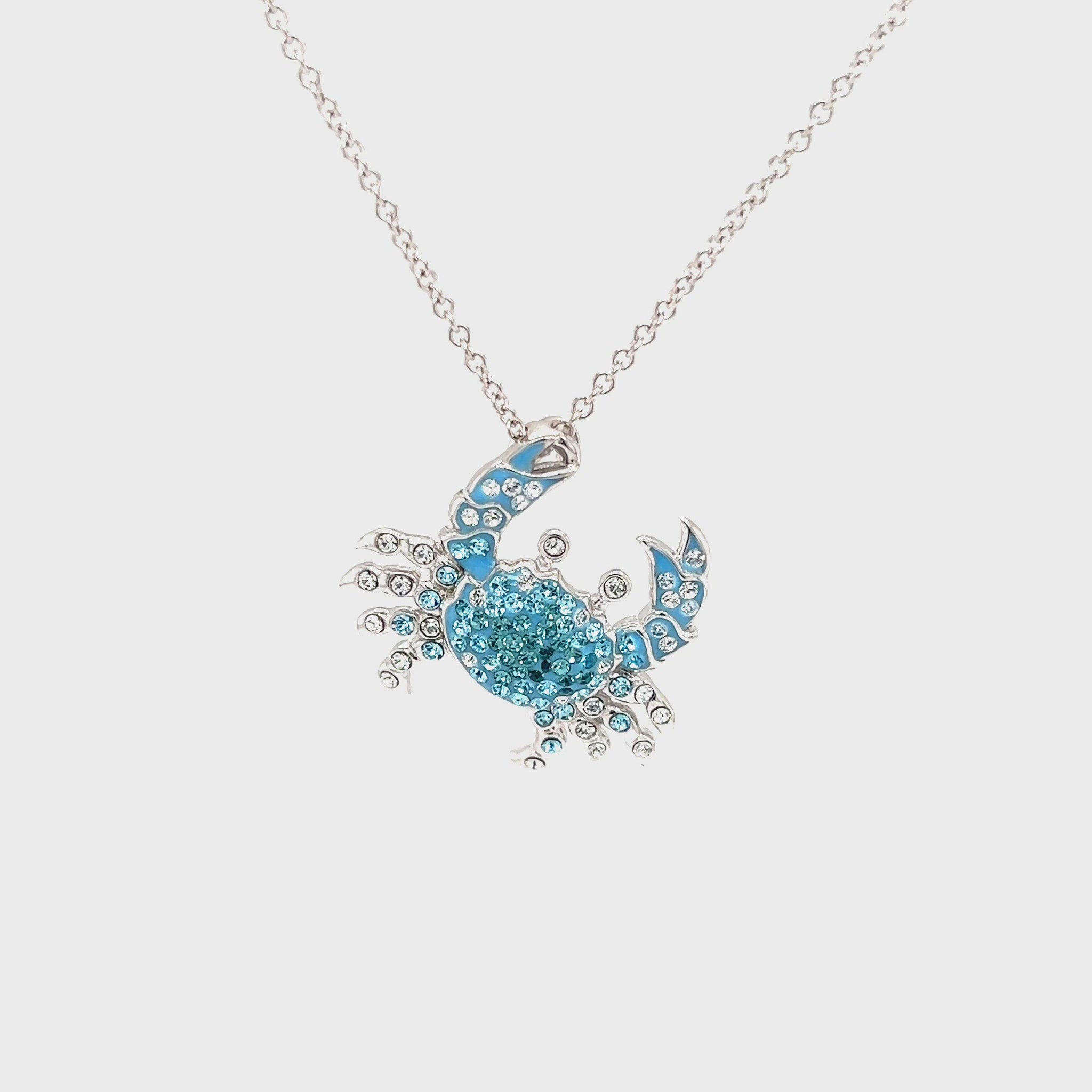 Blue Crab Necklace with Aqua and White Crystals in Sterling Silver Video