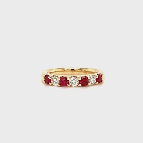 Ruby Ring with Three Diamonds in 14K Yellow Gold Video