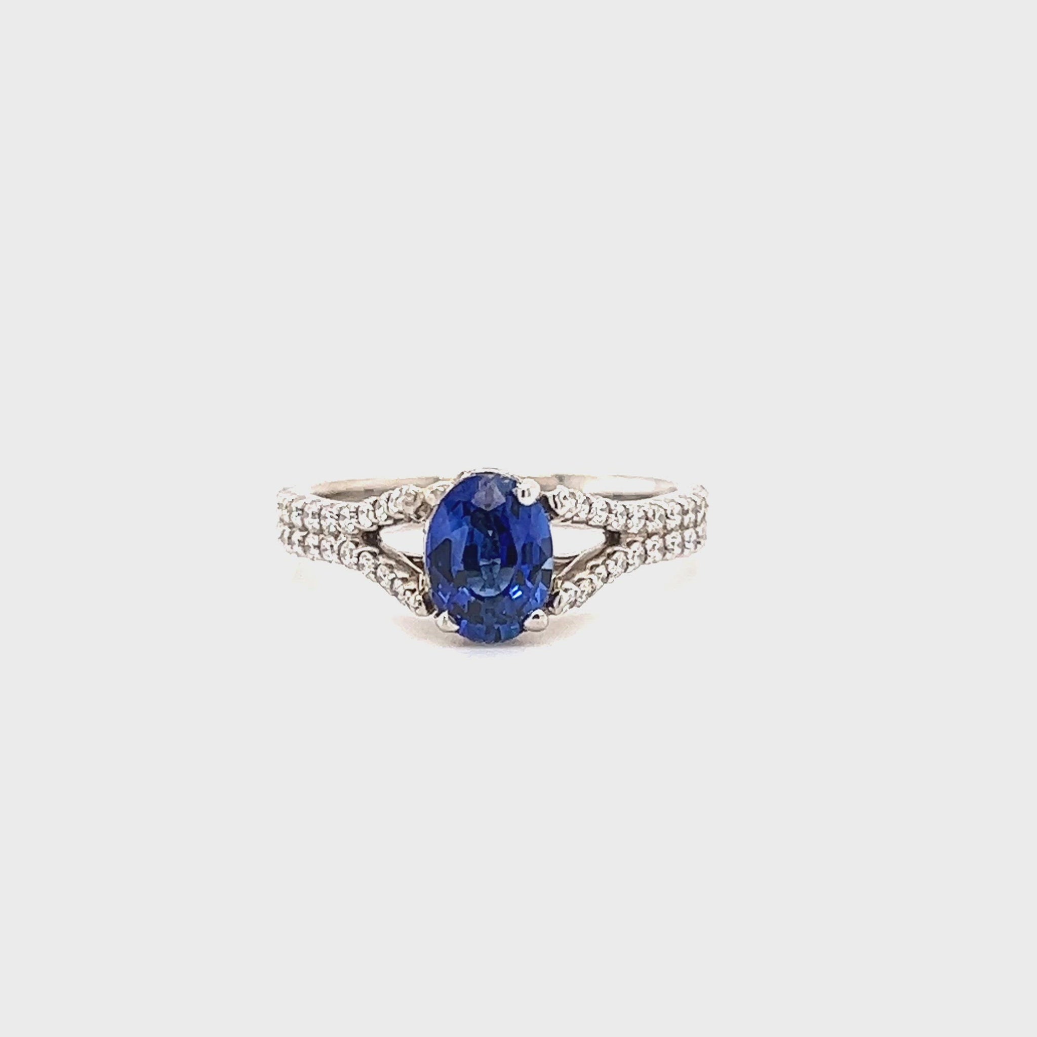 Oval Blue Sapphire Ring with Split Diamond Shank in 14K White Gold Video