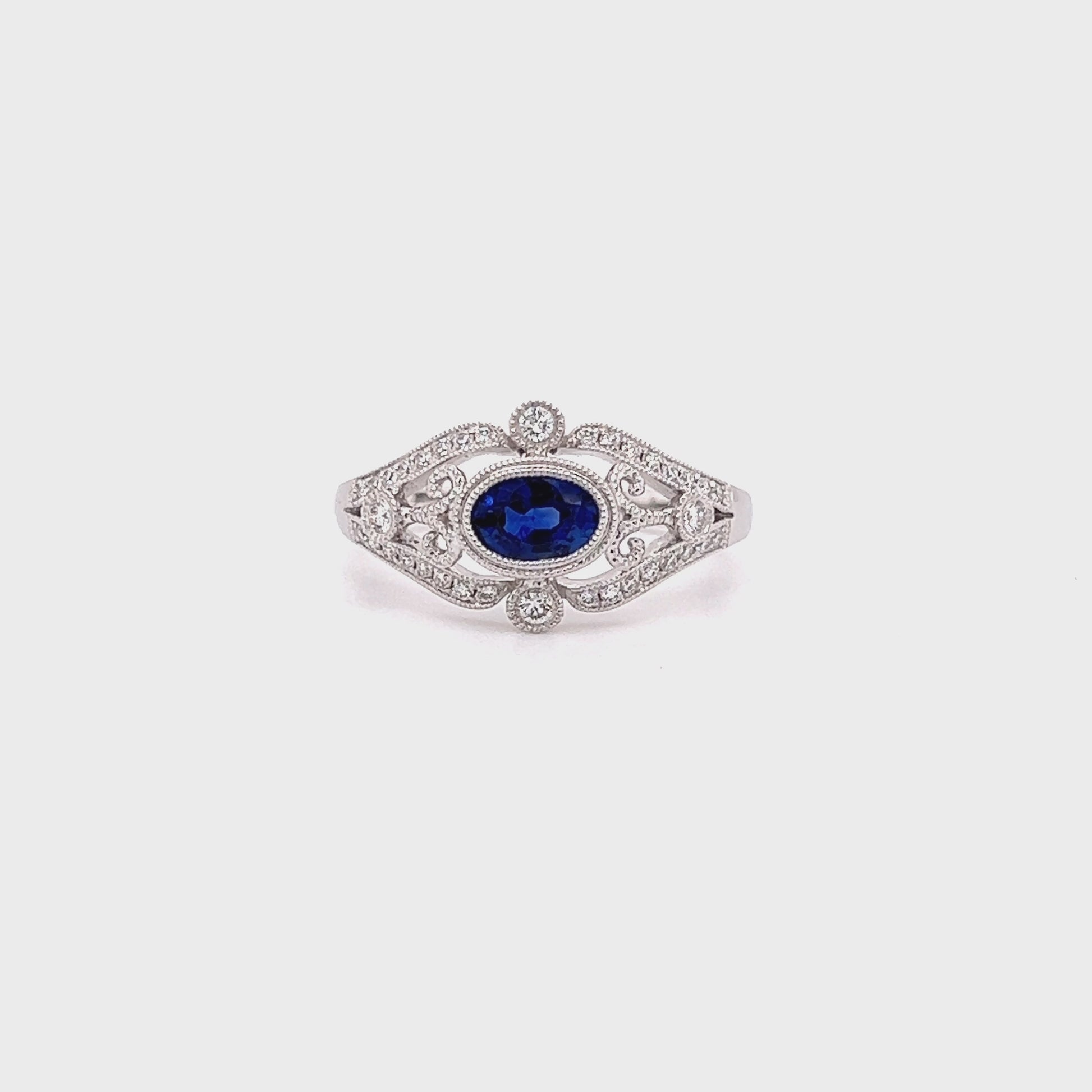 Oval Sapphire Ring with Side Diamonds and Filigree in 14K White Gold Video