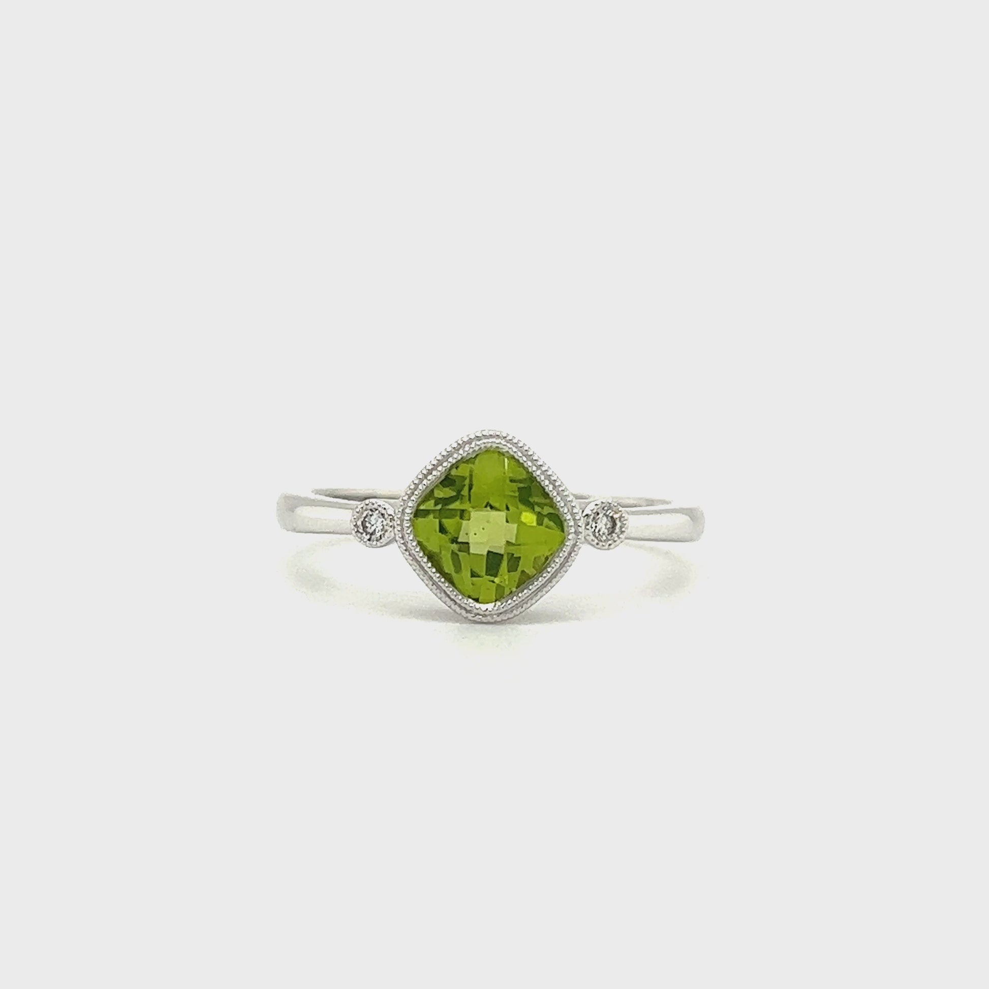 Cushion Peridot Ring with Two Side Diamonds in 14K White Gold Video