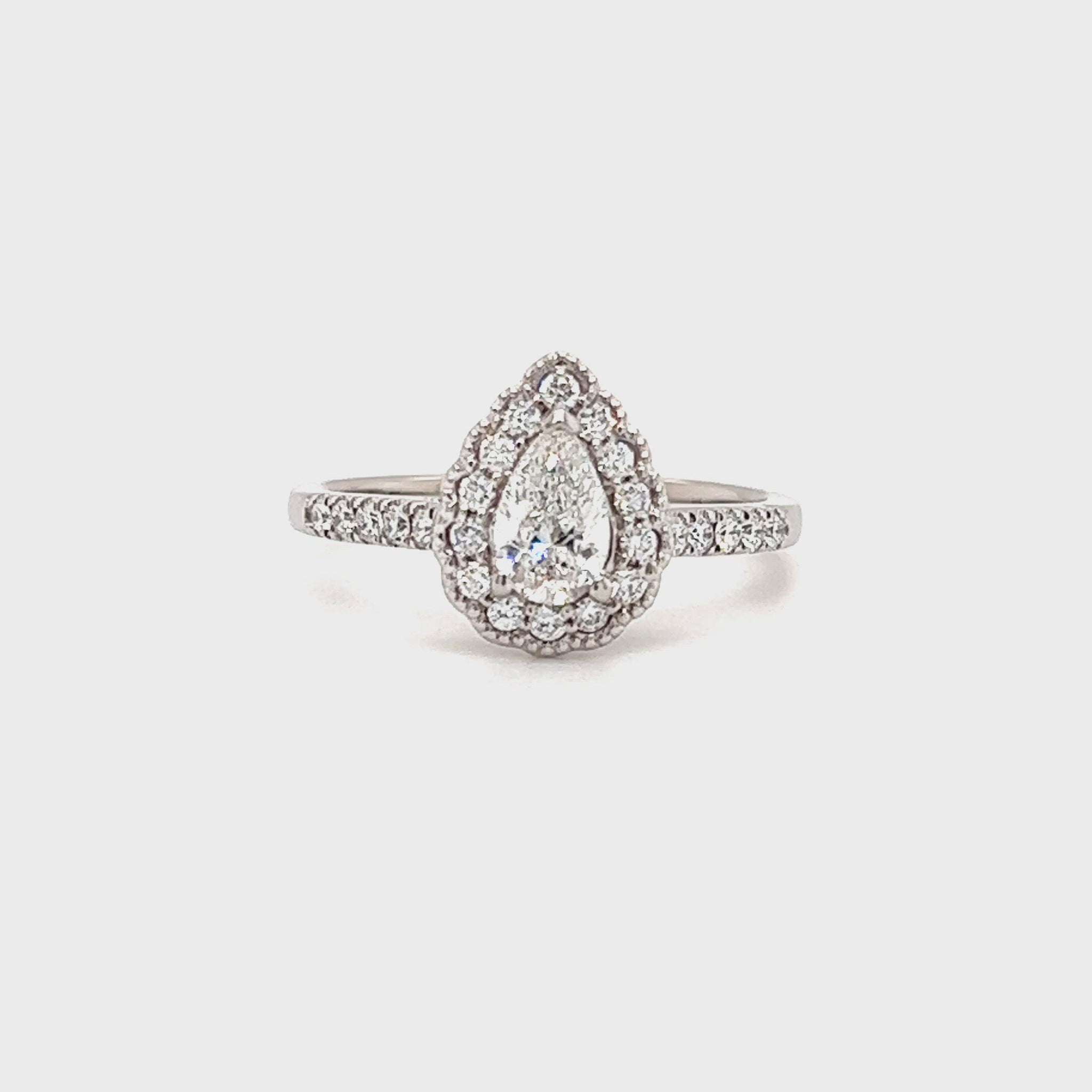 Pear Diamond Ring with Diamond Halo and Side Diamonds in 14K White Gold Video