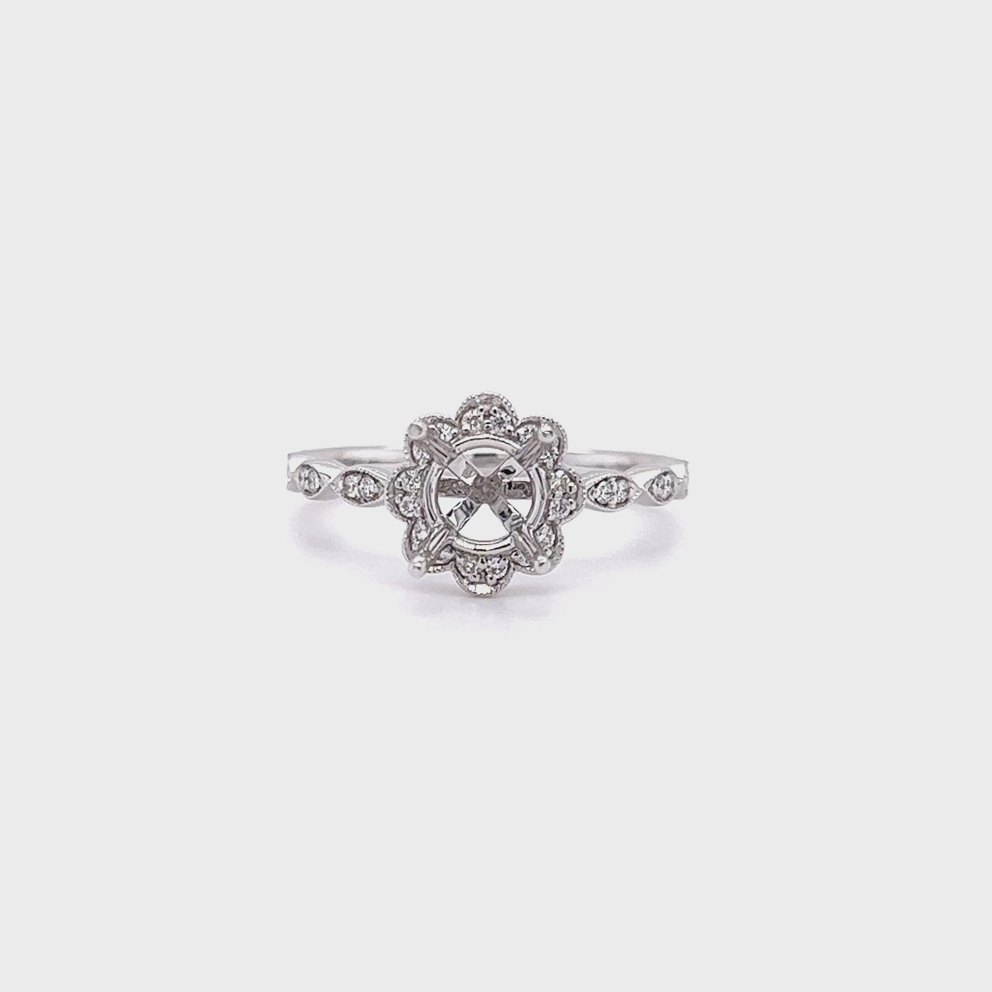 Diamond Ring Setting with Floral Diamond Halo in 14K White Gold Video