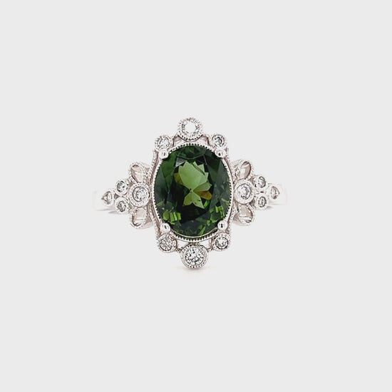 Vintage Green Tourmaline Ring with Side Diamonds in 14K White Gold Video