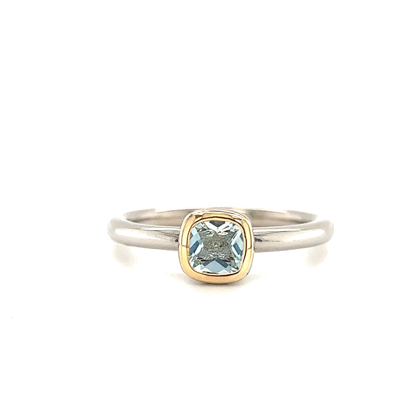 Cushion Aquamarine Ring in Sterling Silver with 14K Yellow Gold Accent Front View
