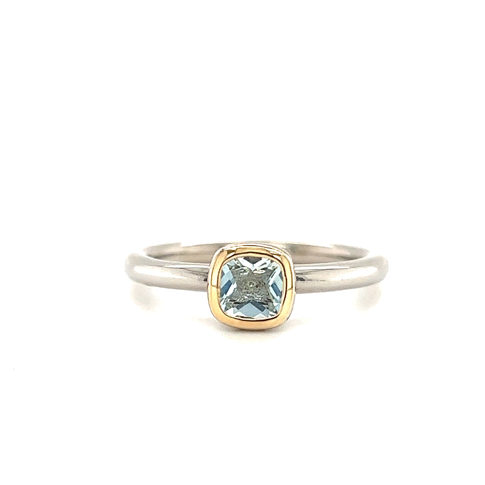 Cushion Aquamarine Ring in Sterling Silver with 14K Yellow Gold Accent Front View