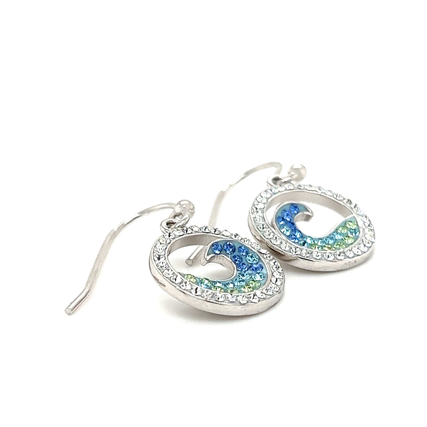 Wave Dangle Earrings in Sterling Silver with Crystals Right Side View
