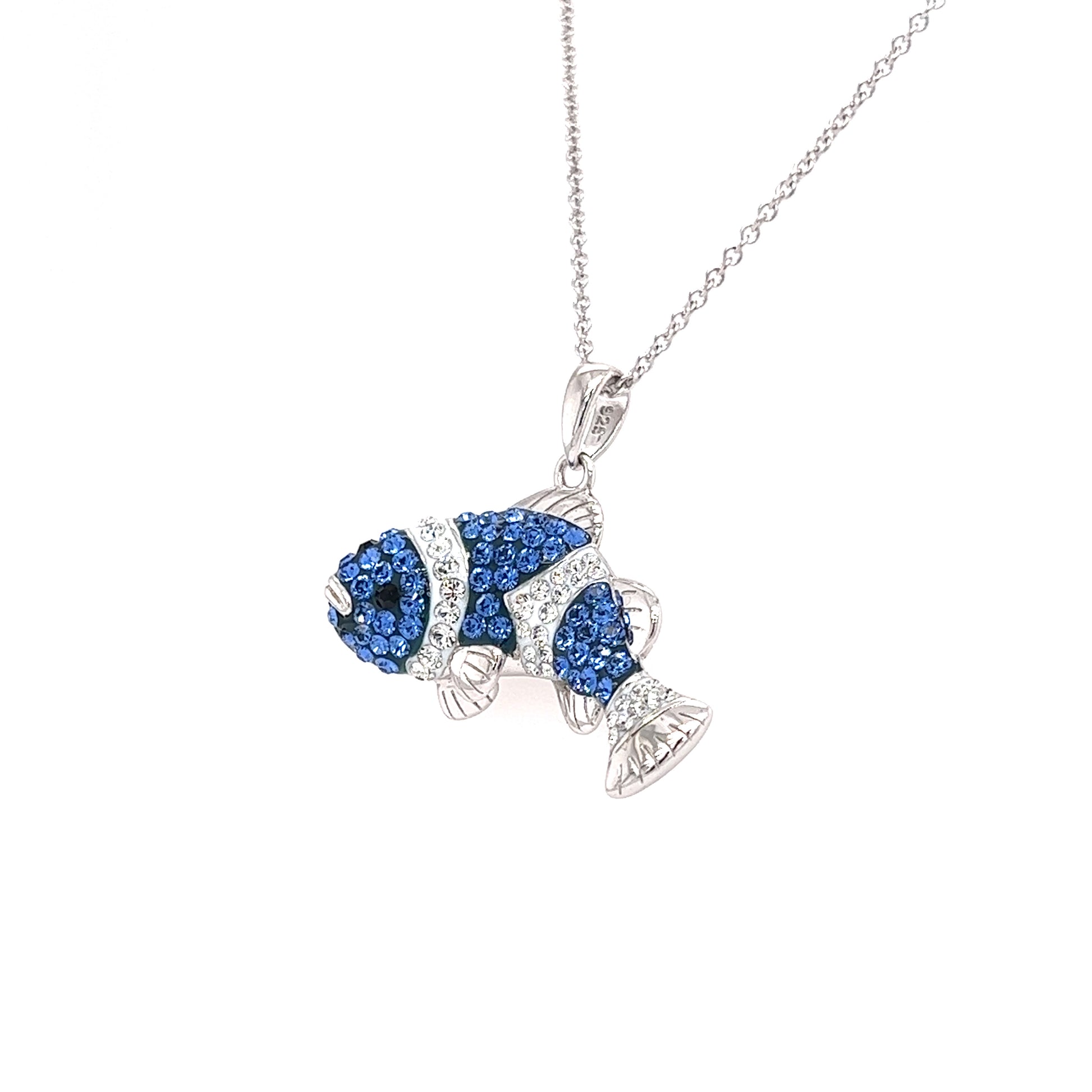 Clownfish Necklace with Blue and White Crystals in Sterling Silver Right Side View