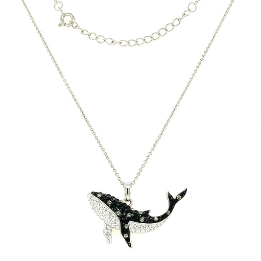 Orca Whale Necklace with Black and White Crystals in Sterling Silver Full Necklace Front View
