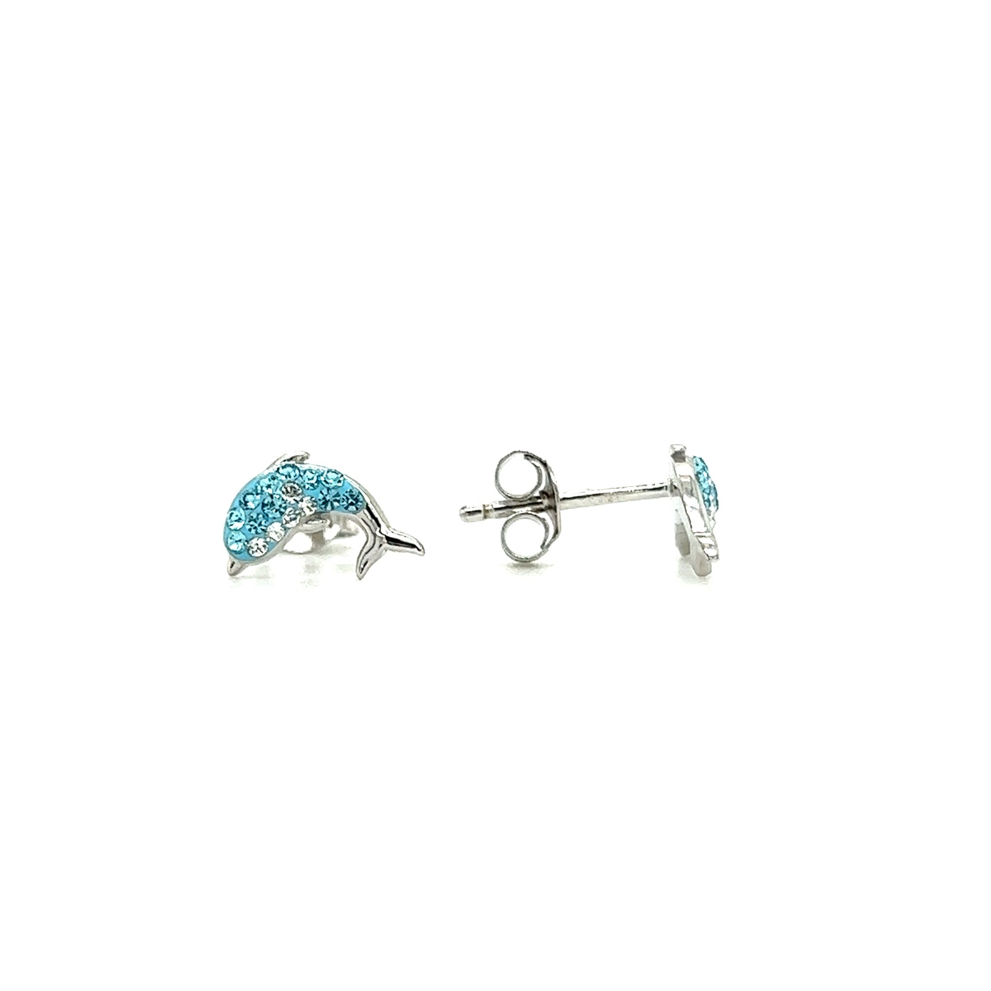 Dolphin Stud Earrings with Aqua and White Crystals in Sterling Silver Front and Side View