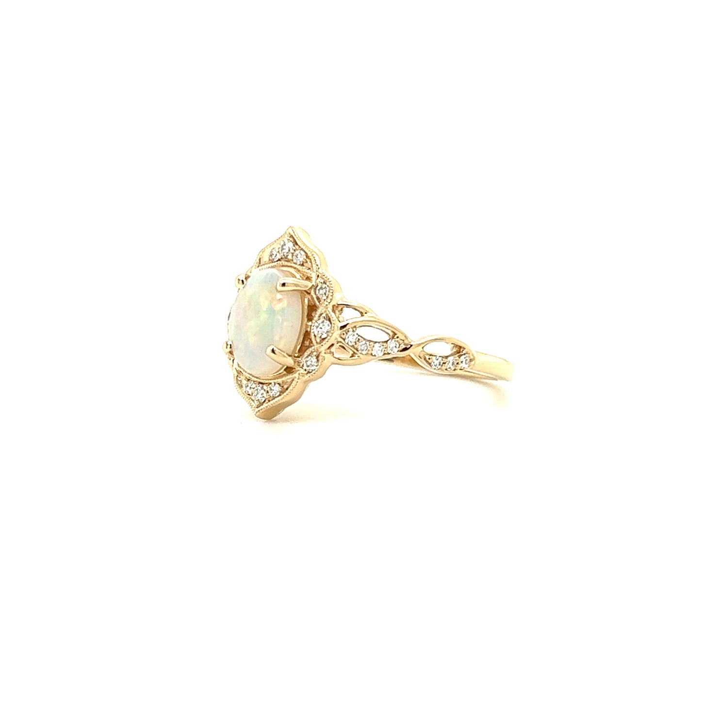 Cabochon White Opal Ring with 0.125ctw of Diamonds in 14K Yellow Gold Right Side View