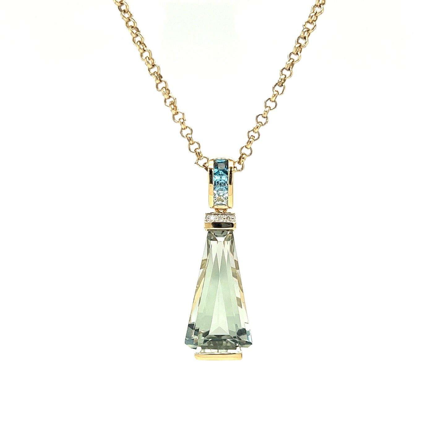 Green Amethyst Pendant with Blue Topaz and Diamonds in 14K Yellow Gold Far Front View