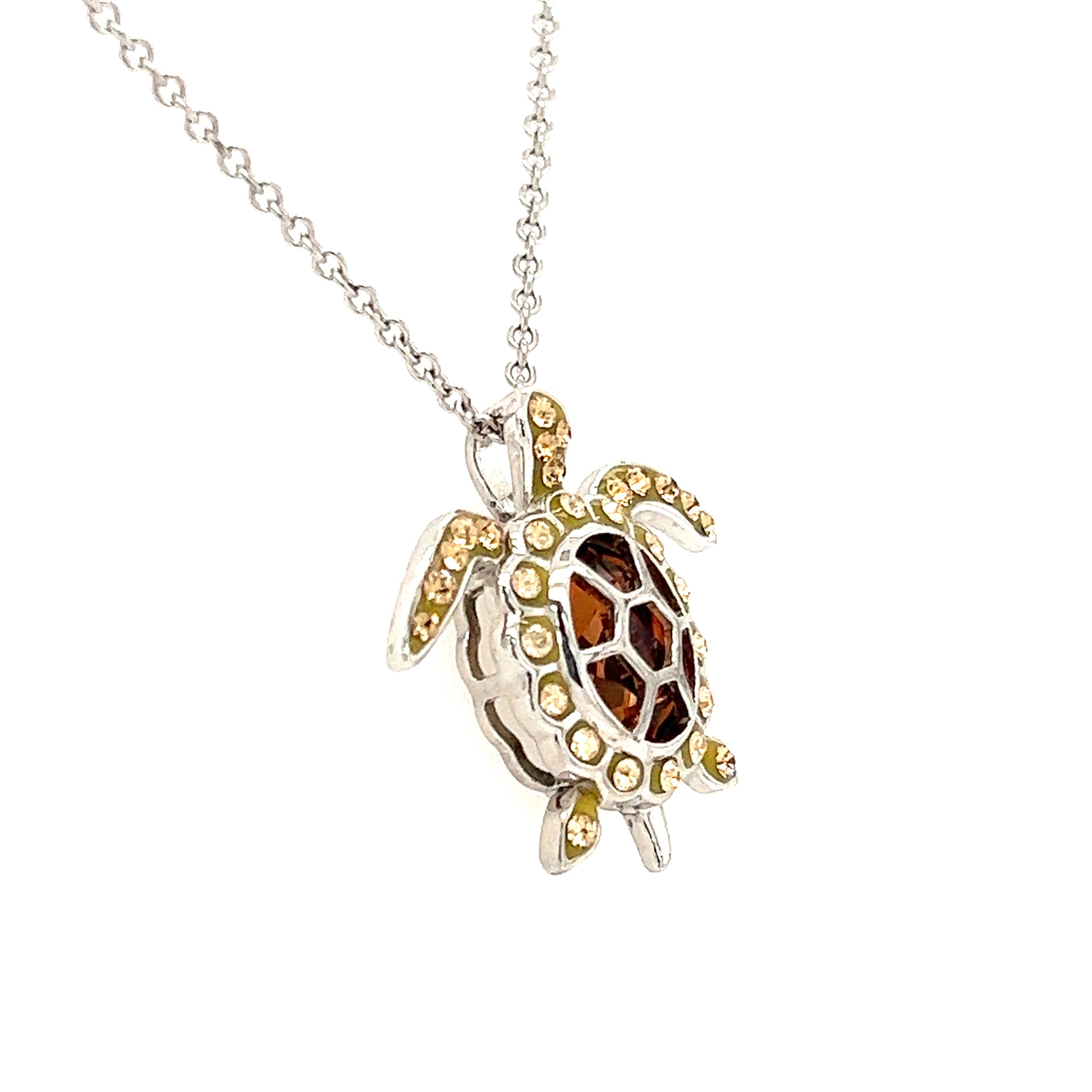 Sea Turtle Necklace with Yellow and White Crystals in Sterling Silver. Left Side View