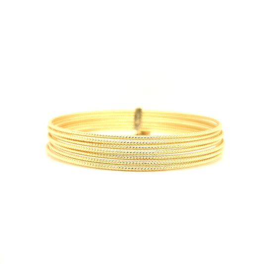 Textured Bangle Bracelet Set with Dangle Heart in 14K Yellow Gold Front View