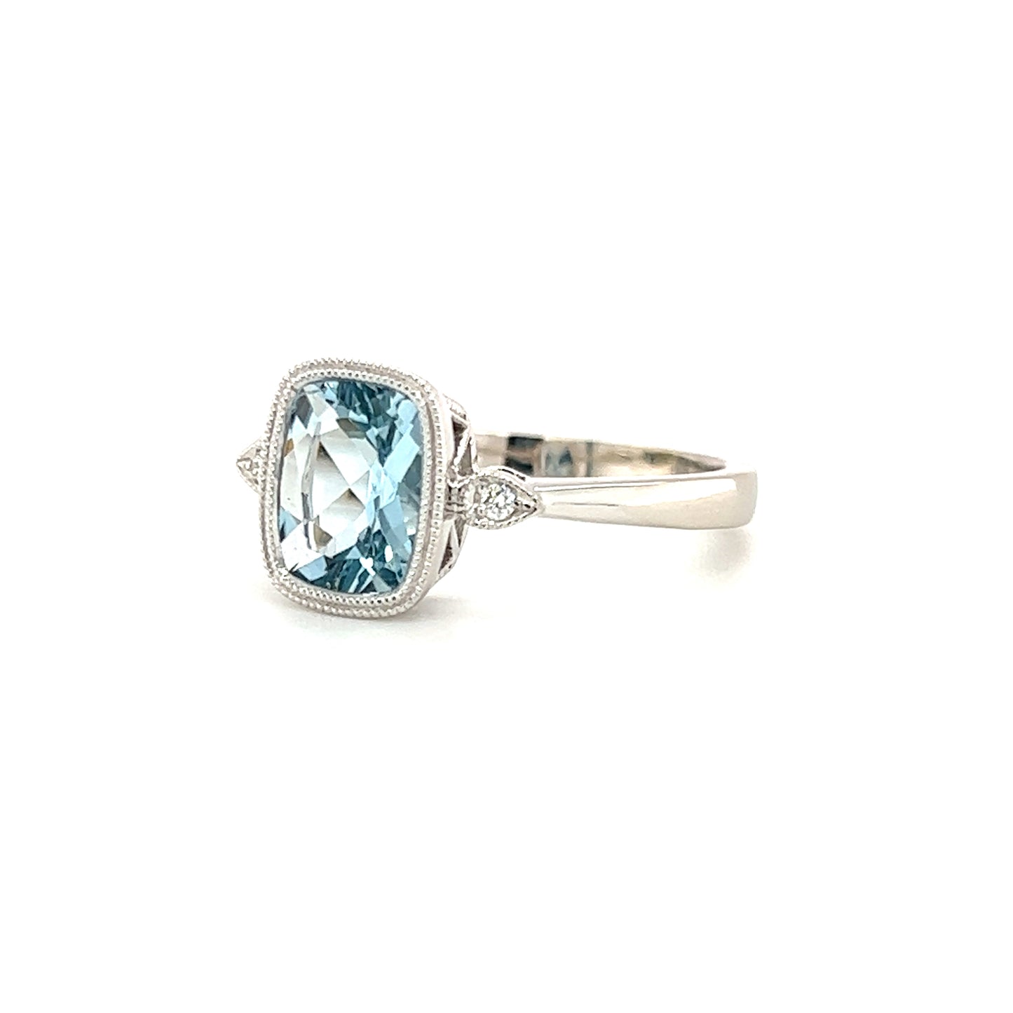 Cushion Aquamarine Ring with Side Diamonds and Milgrain in 14K White Gold Left Side View