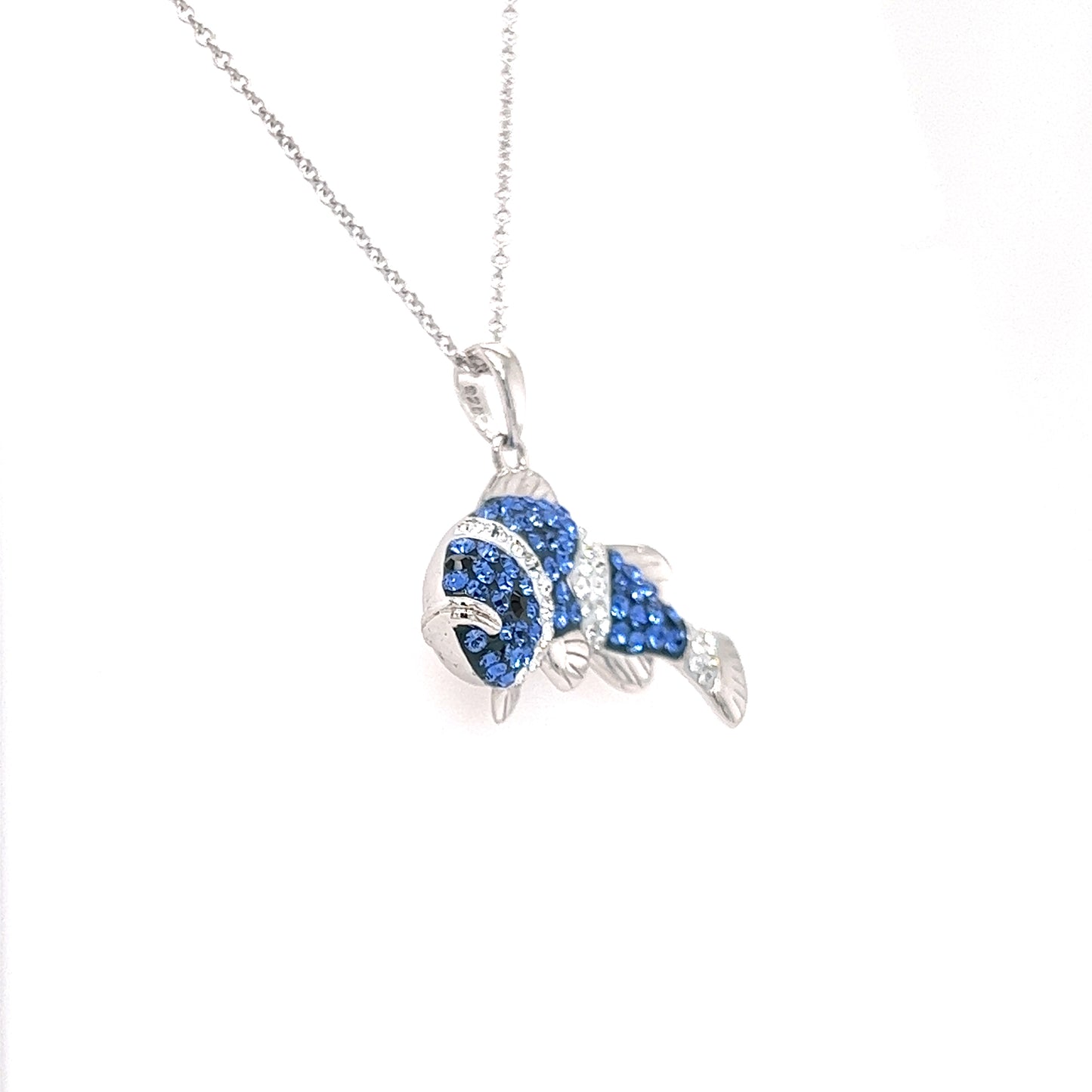 Clownfish Necklace with Blue and White Crystals in Sterling Silver Left Side View