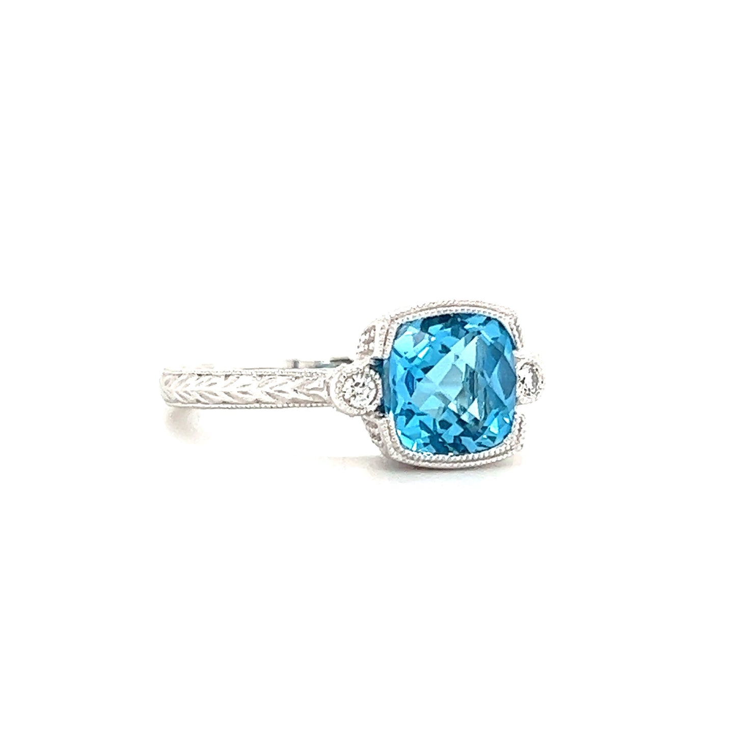 Blue Topaz Ring with Side Diamonds and Engraving in 14k White Gold Right Side View