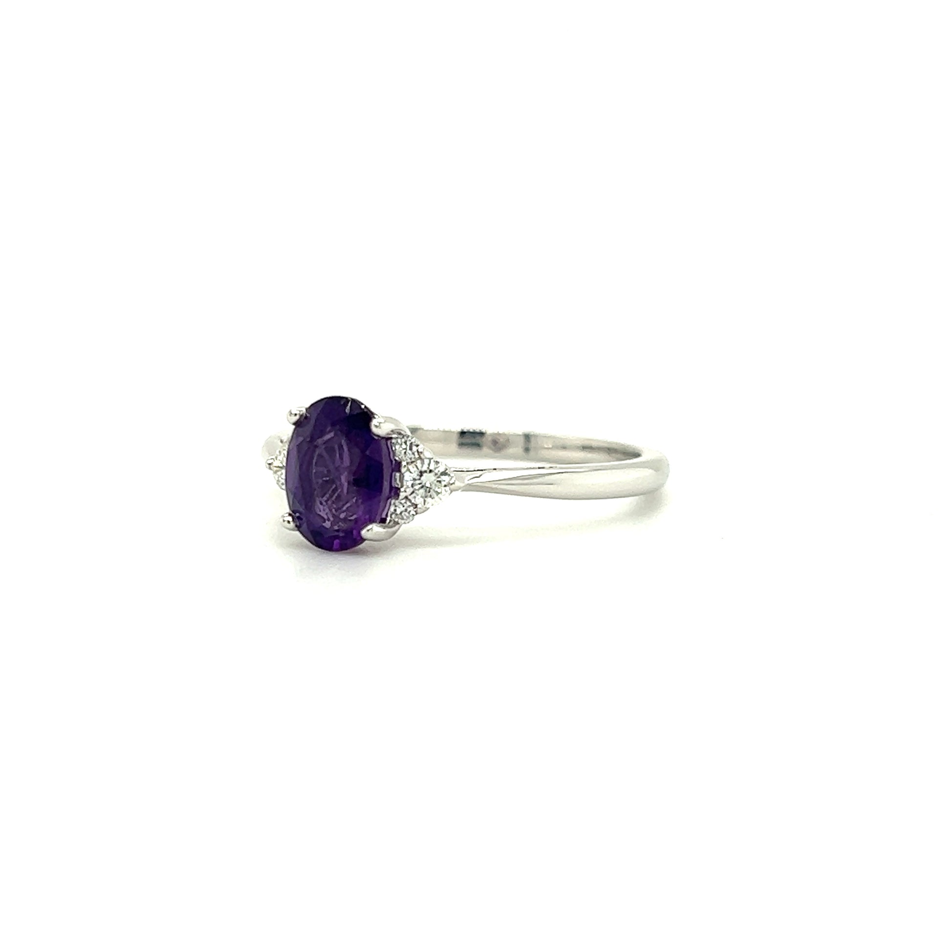 Oval Amethyst Ring with Six Side Diamonds in 14K White Gold Right Side View