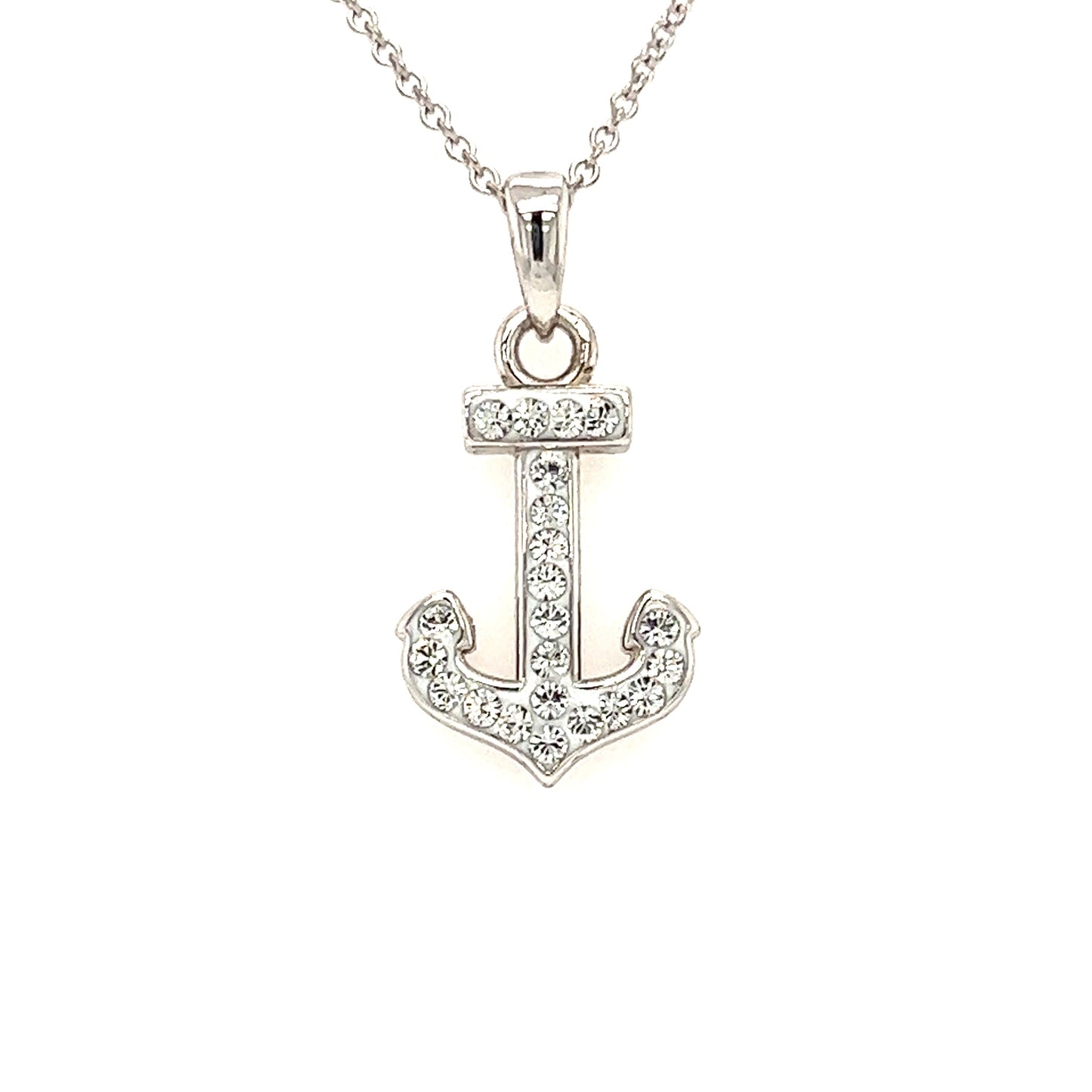 Anchor Necklace with White Crystals in Sterling Silver Necklace Front View