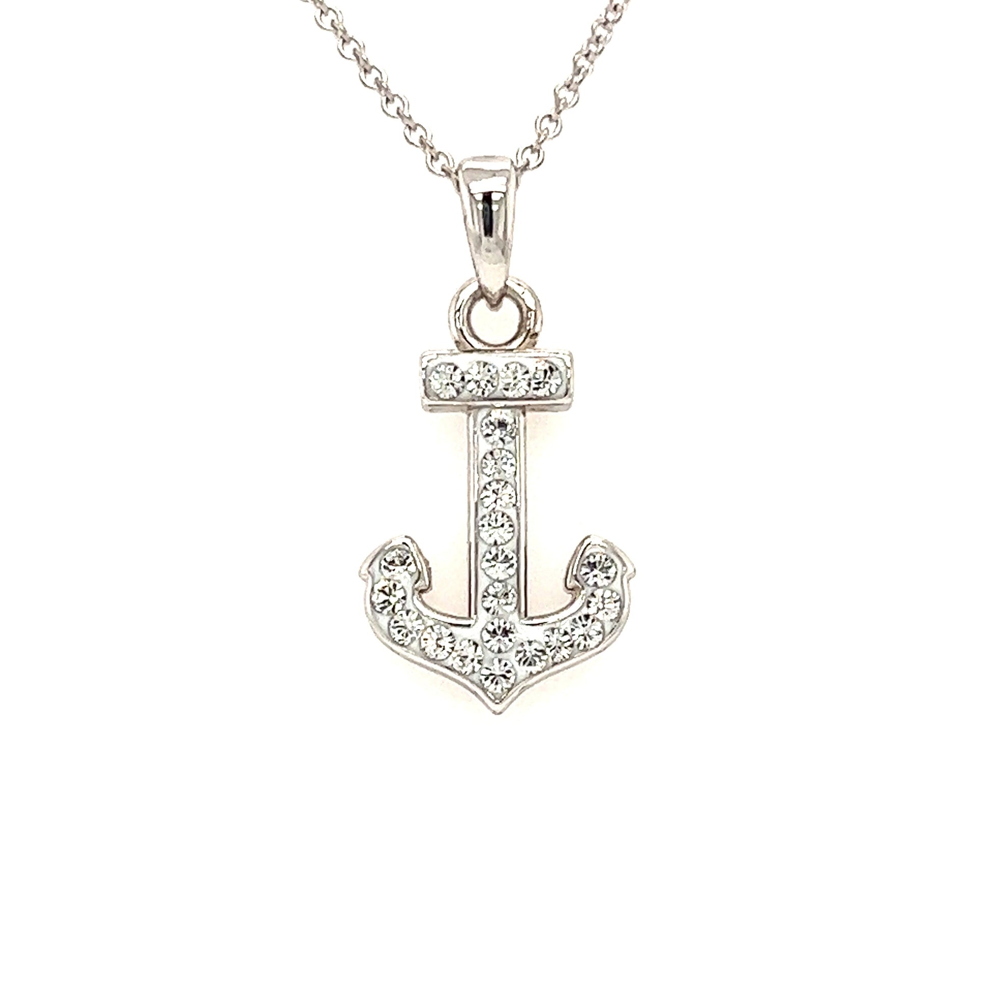 Anchor Necklace with White Crystals in Sterling Silver Necklace Front View