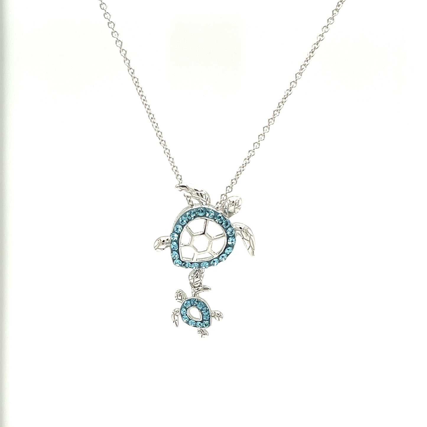 Mother and Baby Sea Turtle Necklace with Aqua Crystals in Sterling Silver Front View