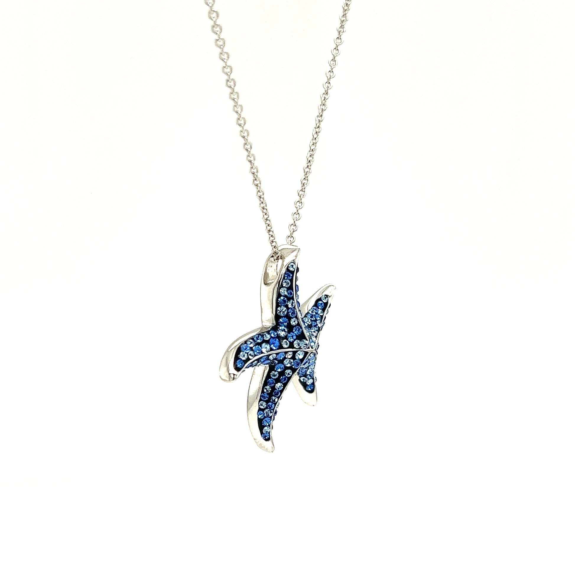 Blue Starfish Necklace with Aqua and White Crystals in Sterling Silver Left Side View