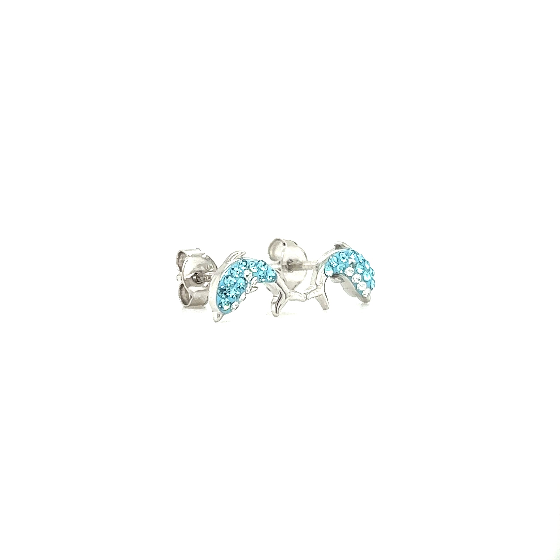 Dolphin Stud Earrings with Aqua and White Crystals in Sterling Silver Left Side View