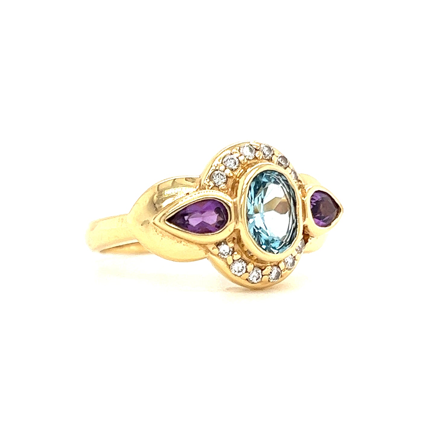 Blue Topaz Ring with Side Amethysts and Diamonds in 14K Yellow Gold Right Side View