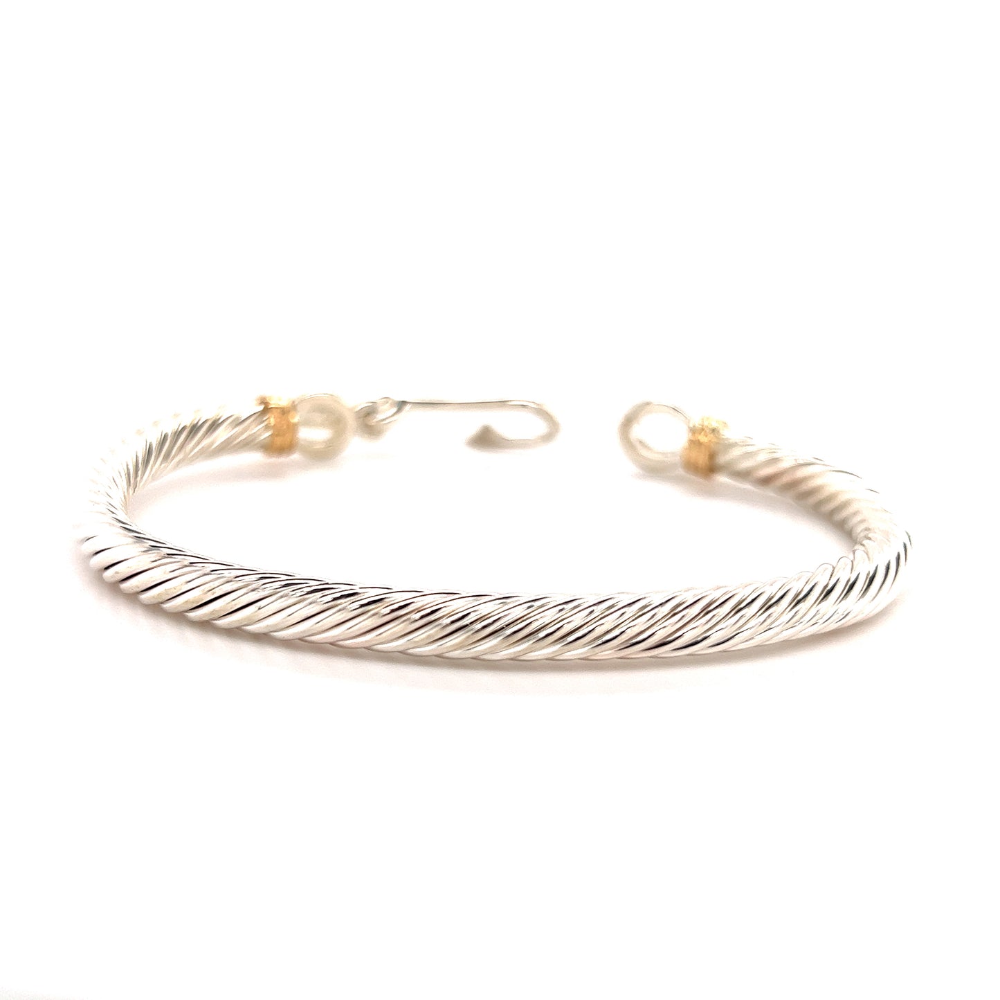 Fish Hook Cable 5mm Bangle Bracelet with 14K Wraps in Sterling Silver Back View with Open Clasp