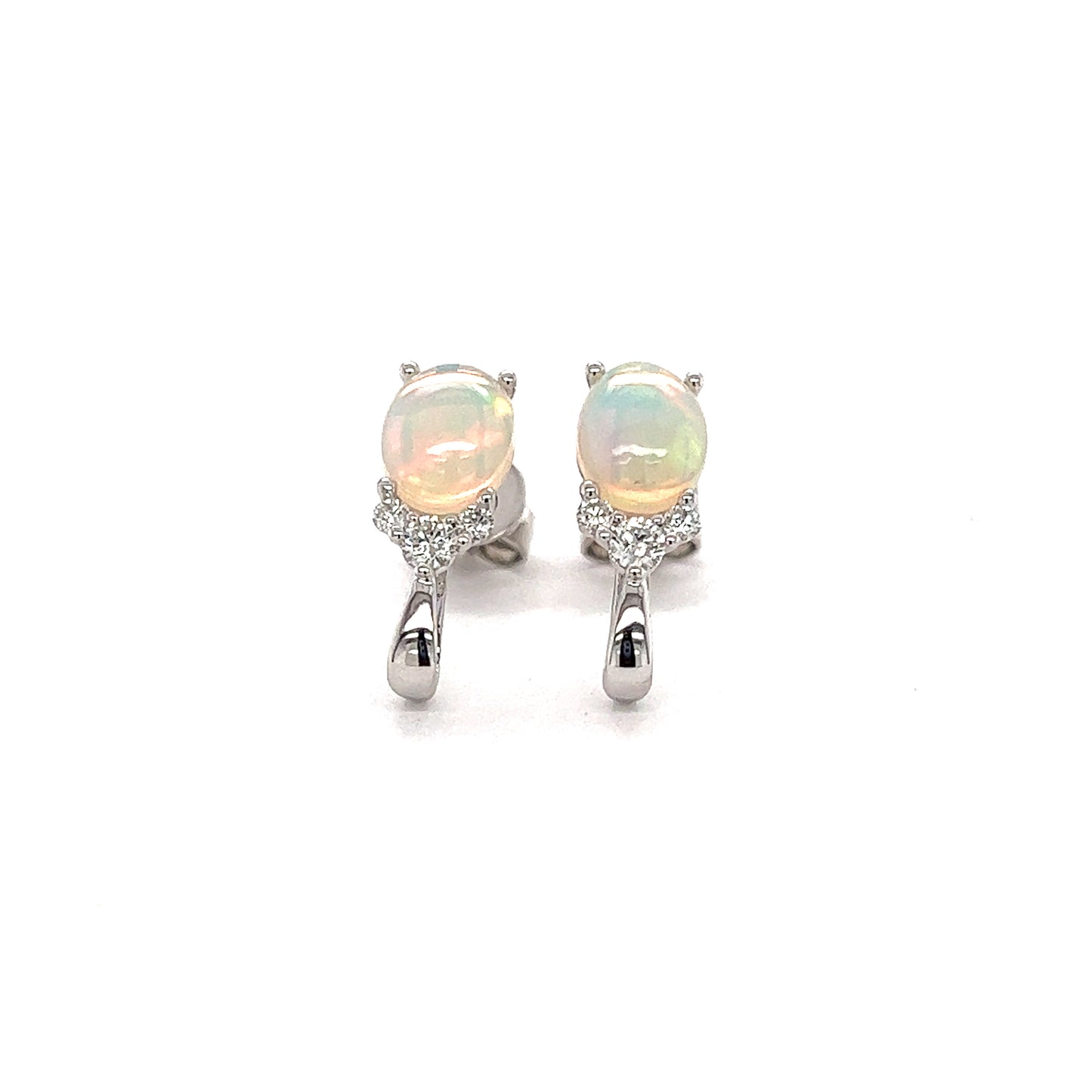 White Ethiopian Opal Stud Earrings with Accent Diamonds in 14K White Gold Front View