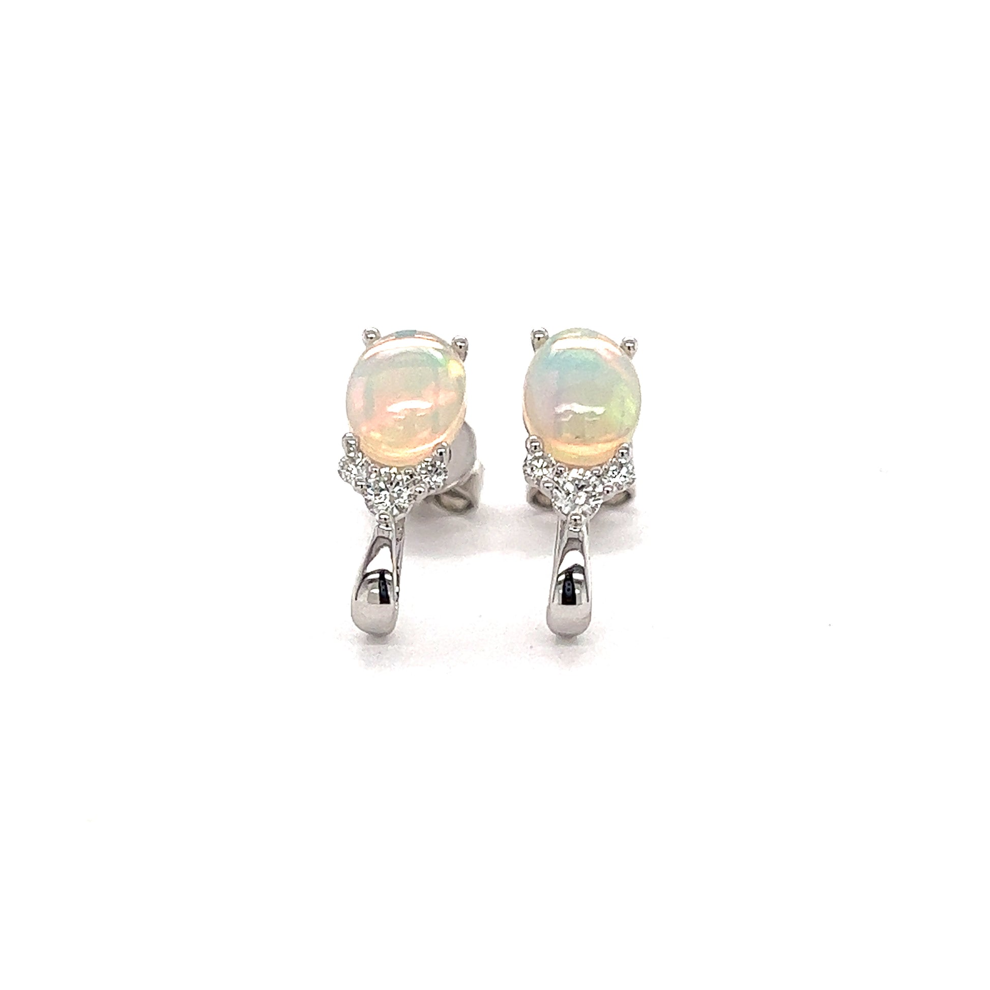 White Ethiopian Opal Stud Earrings with Accent Diamonds in 14K White Gold Front View