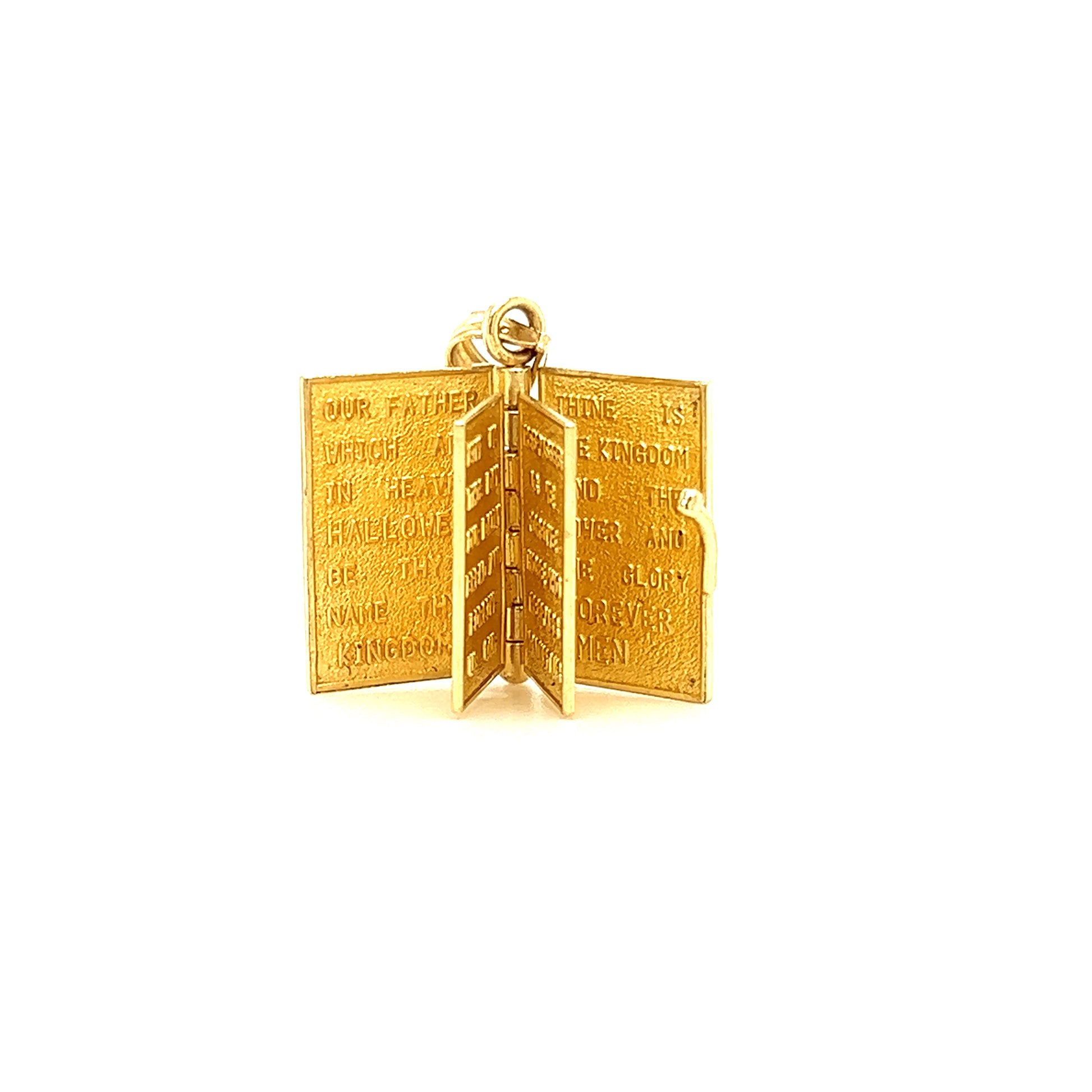 Bible Charm with 3D Lord's Prayer pages in 14K Yellow Gold Open Book