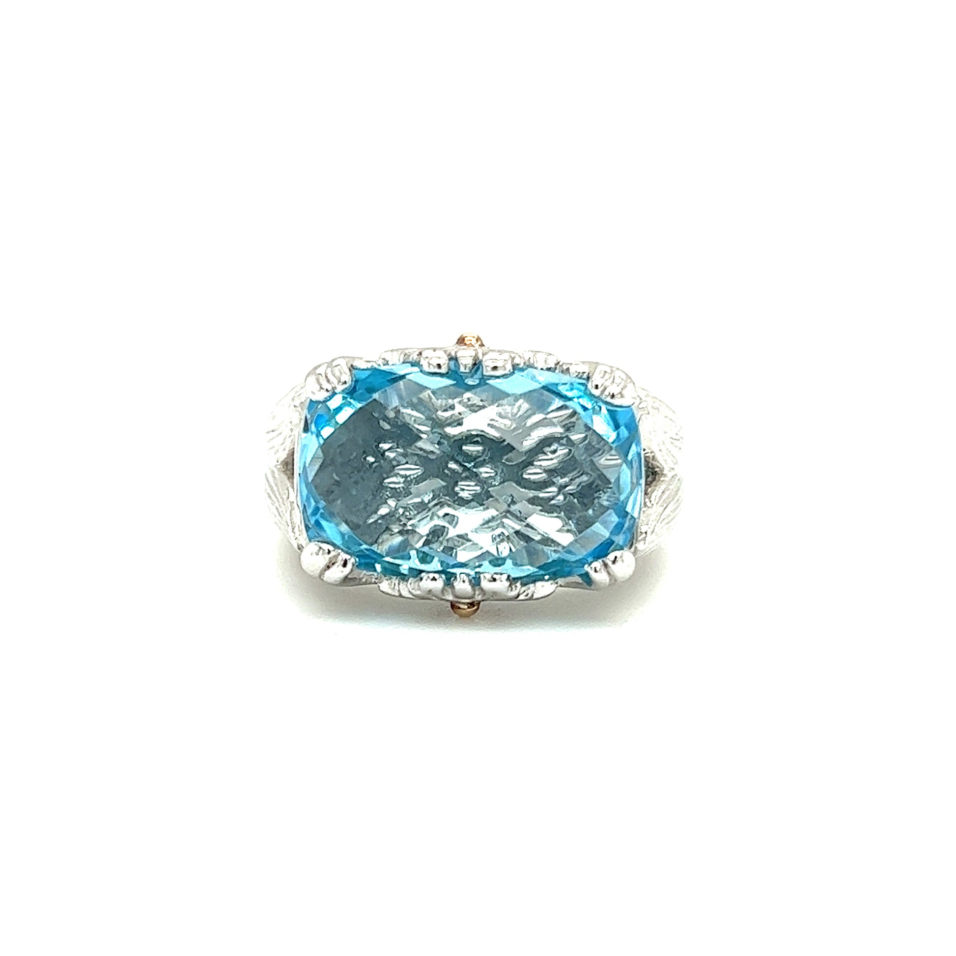 Elongated Cushion Blue Topaz Ring with 18K Yellow Gold Accents in Sterling Silver Front View