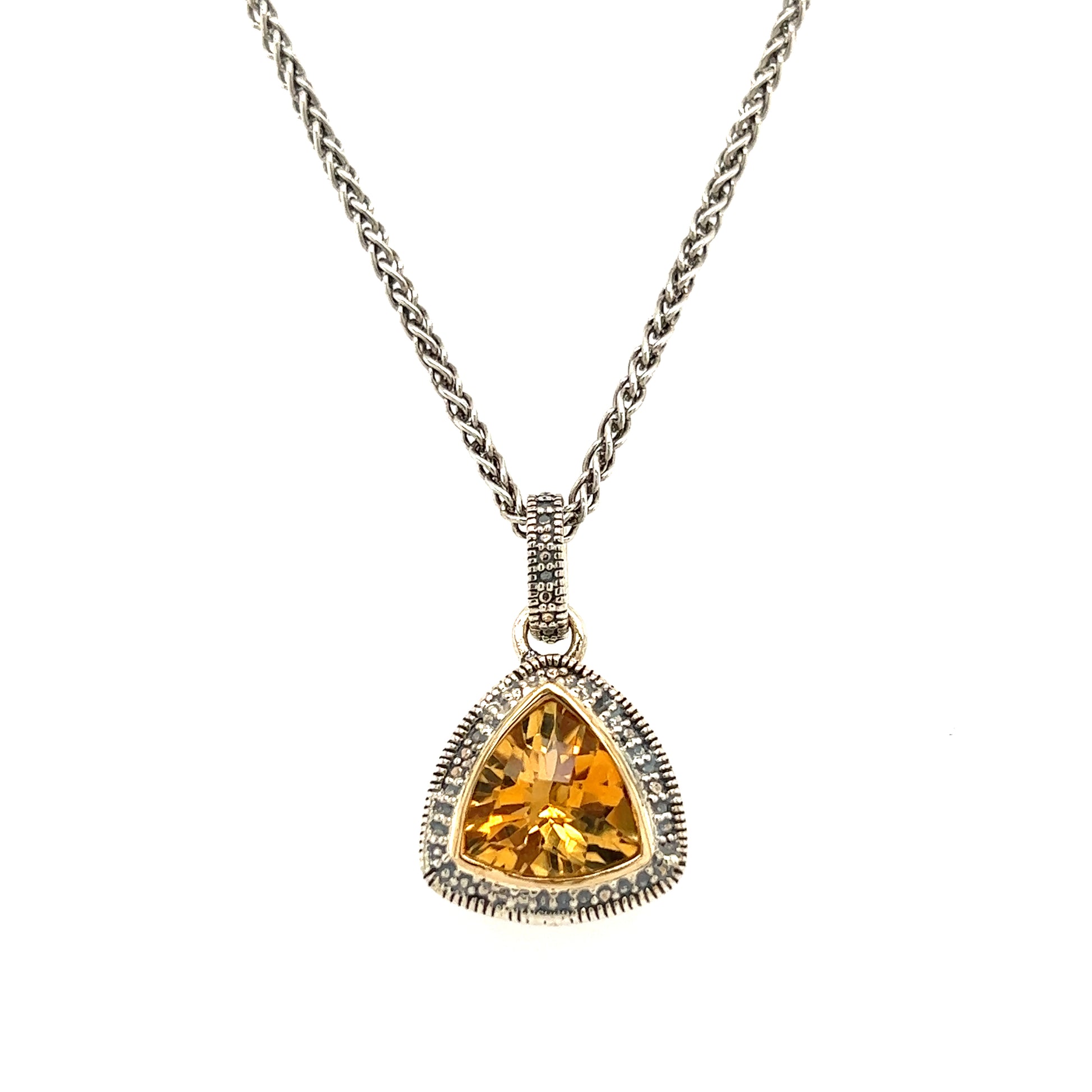 Trillion Citrine Antiqued Necklace with 14K Yellow Gold Accent in Sterling Silver Closed View