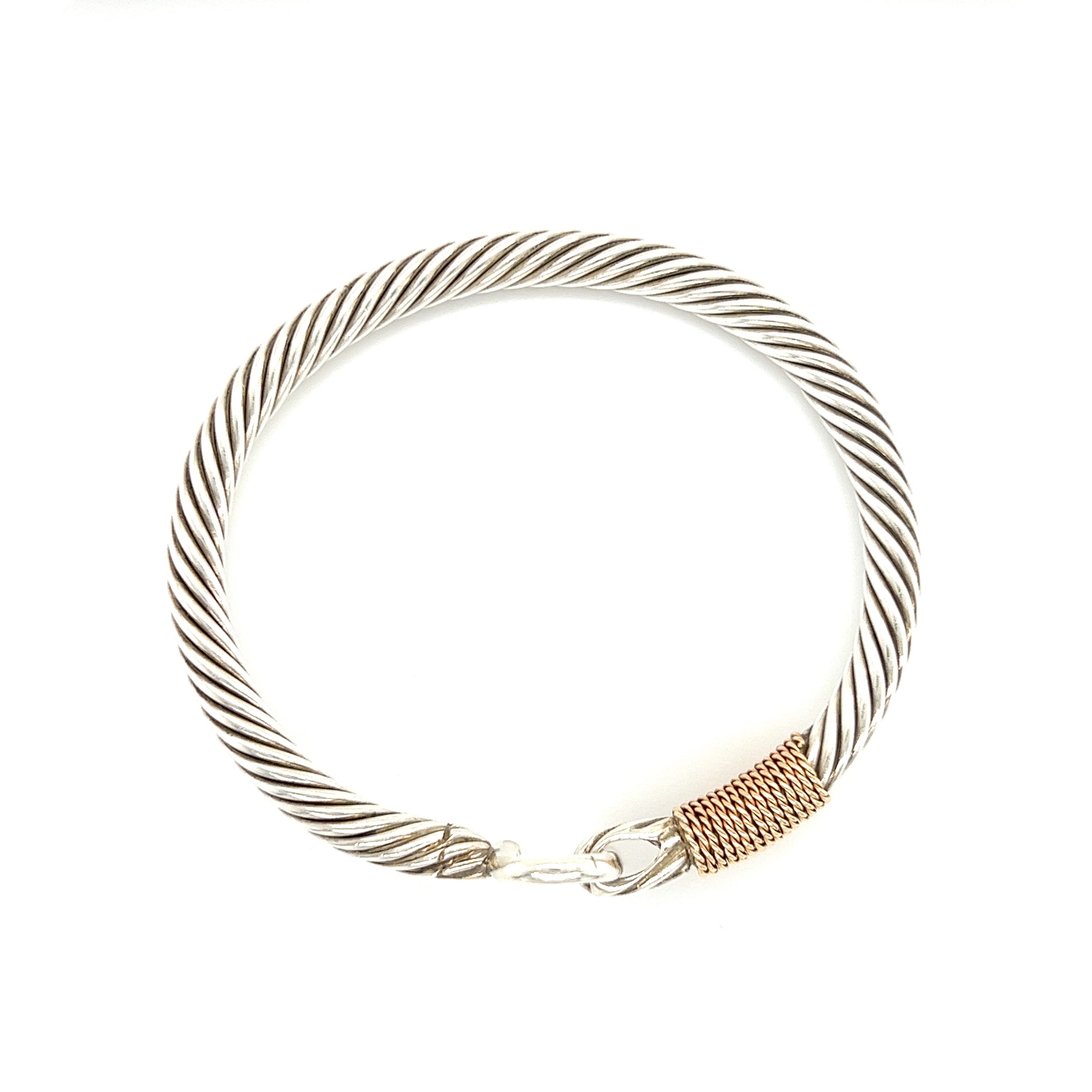 U Cable 5mm Bangle Bracelet with 14K Yellow Gold Wrap in Sterling Silver Top View
