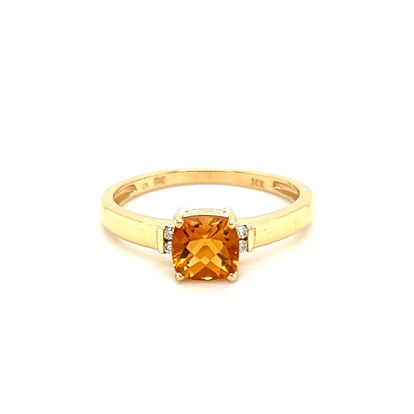 Cushion Citrine Ring in 14K Yellow Gold with Side Diamonds Front View