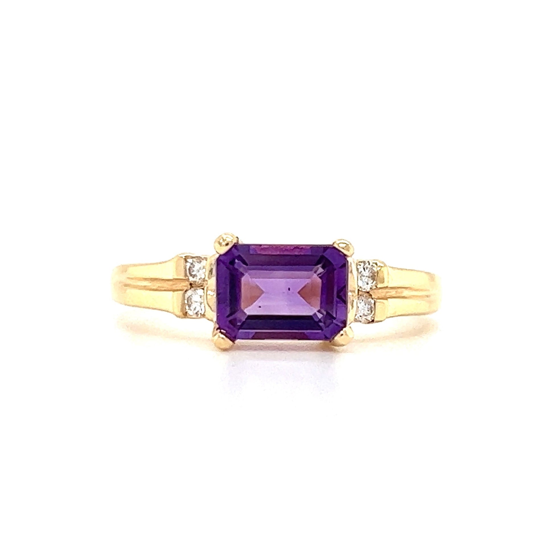 Baguette Amethyst Ring in 14K Yellow Gold with Side Diamonds Front View