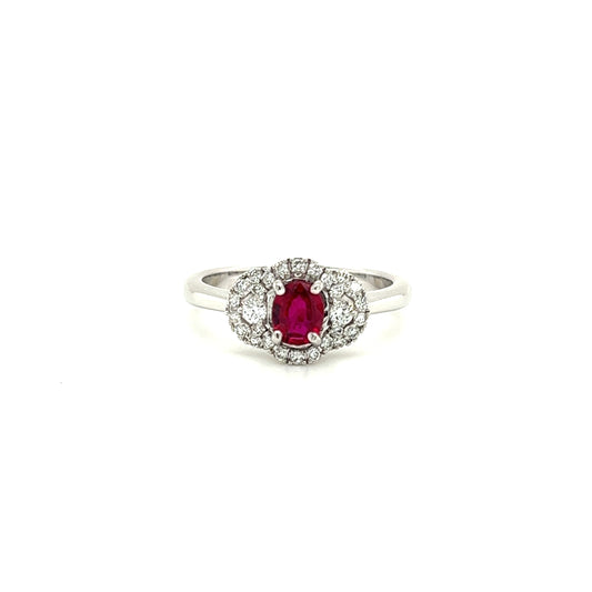 Oval Ruby Ring with 0.25ctw of Diamonds in 18K White Gold Front View