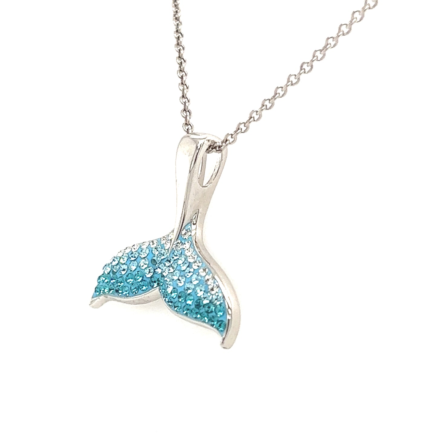Whale Tail Necklace with Aqua Crystals in Sterling Silver Left Side View
