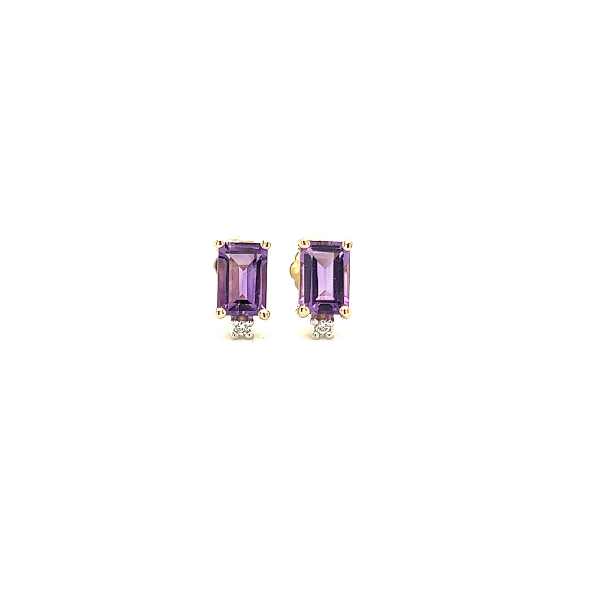 Baguette Amethyst Stud Earrings with Acent Diamonds in 14K Yellow Gold Front View
