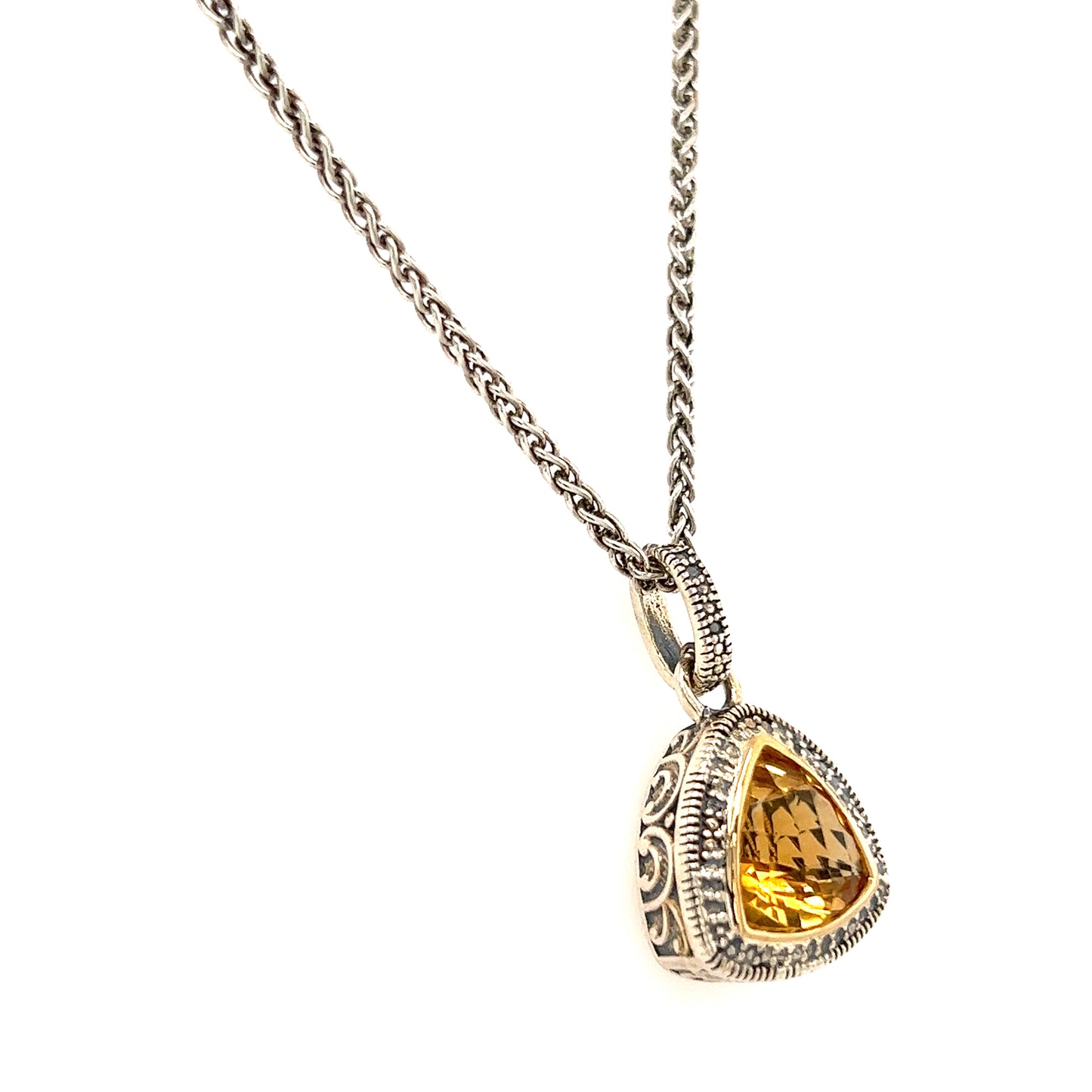 Trillion Citrine Antiqued Necklace with 14K Yellow Gold Accent in Sterling Silver Right Side View