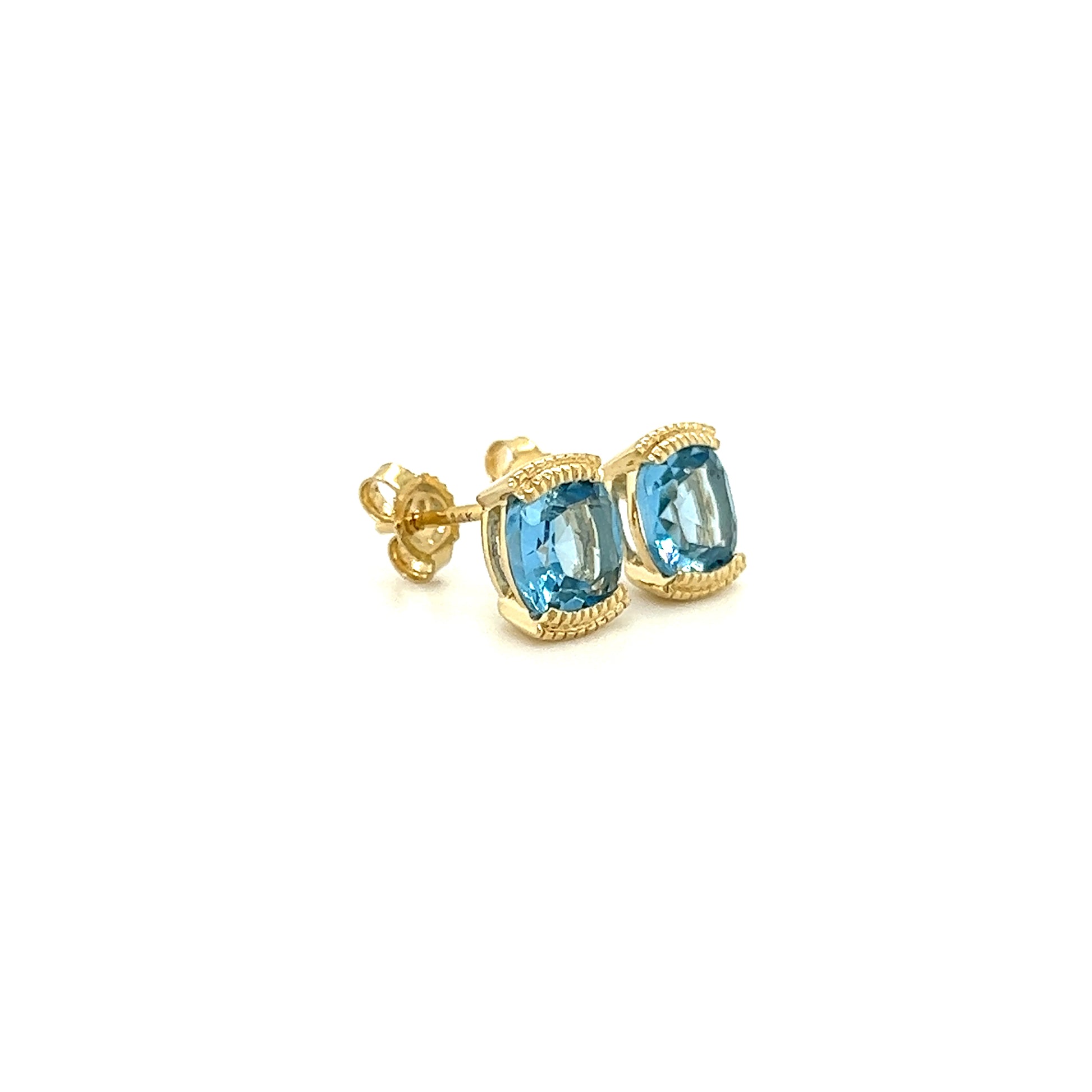 Cushion Blue Topaz Stud Earrings with 1.78ctw of Swiss Blue Topaz in 14K Yellow Gold Left Side View