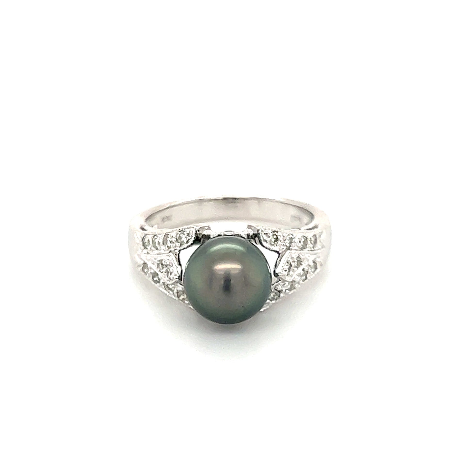 Black Pearl Ring with Twenty Diamonds in 14K White Gold Front View