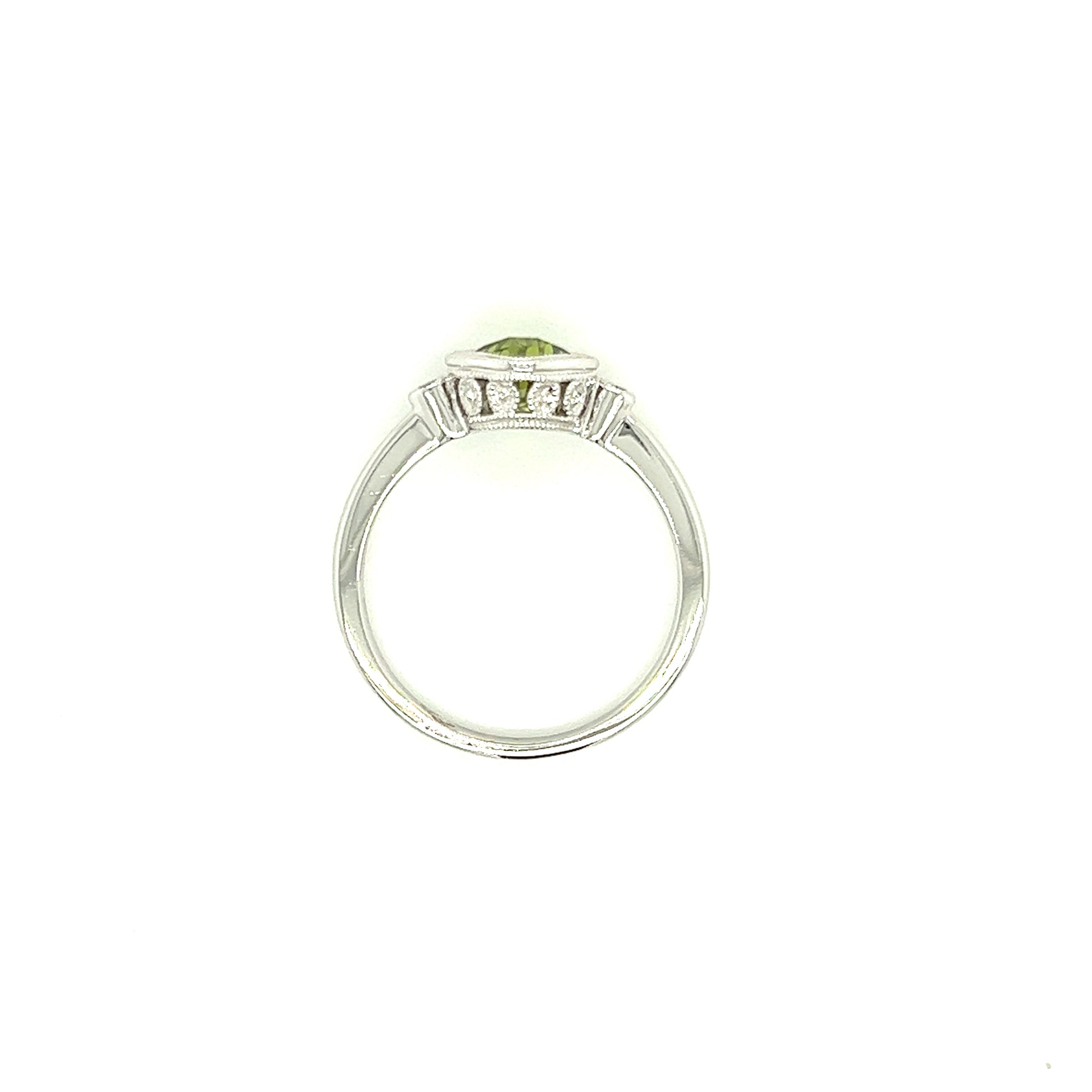 Cushion Peridot Ring with Two Side Diamonds in 14K White Gold Top View
