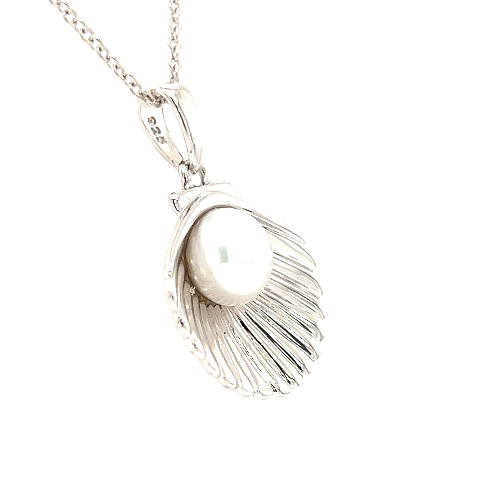 Shell Necklace with White Pearl in Sterling Silver Pendant Right Side View