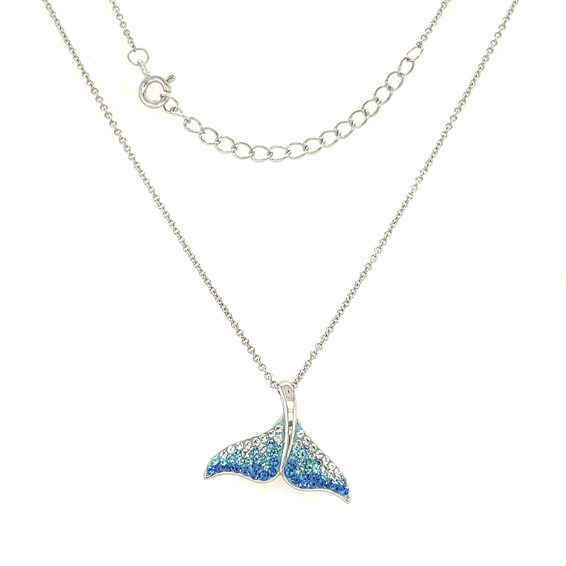 Whale Tail Necklace with White, Aqua and Blue Crystals in Sterling Silver Full Necklace Front View