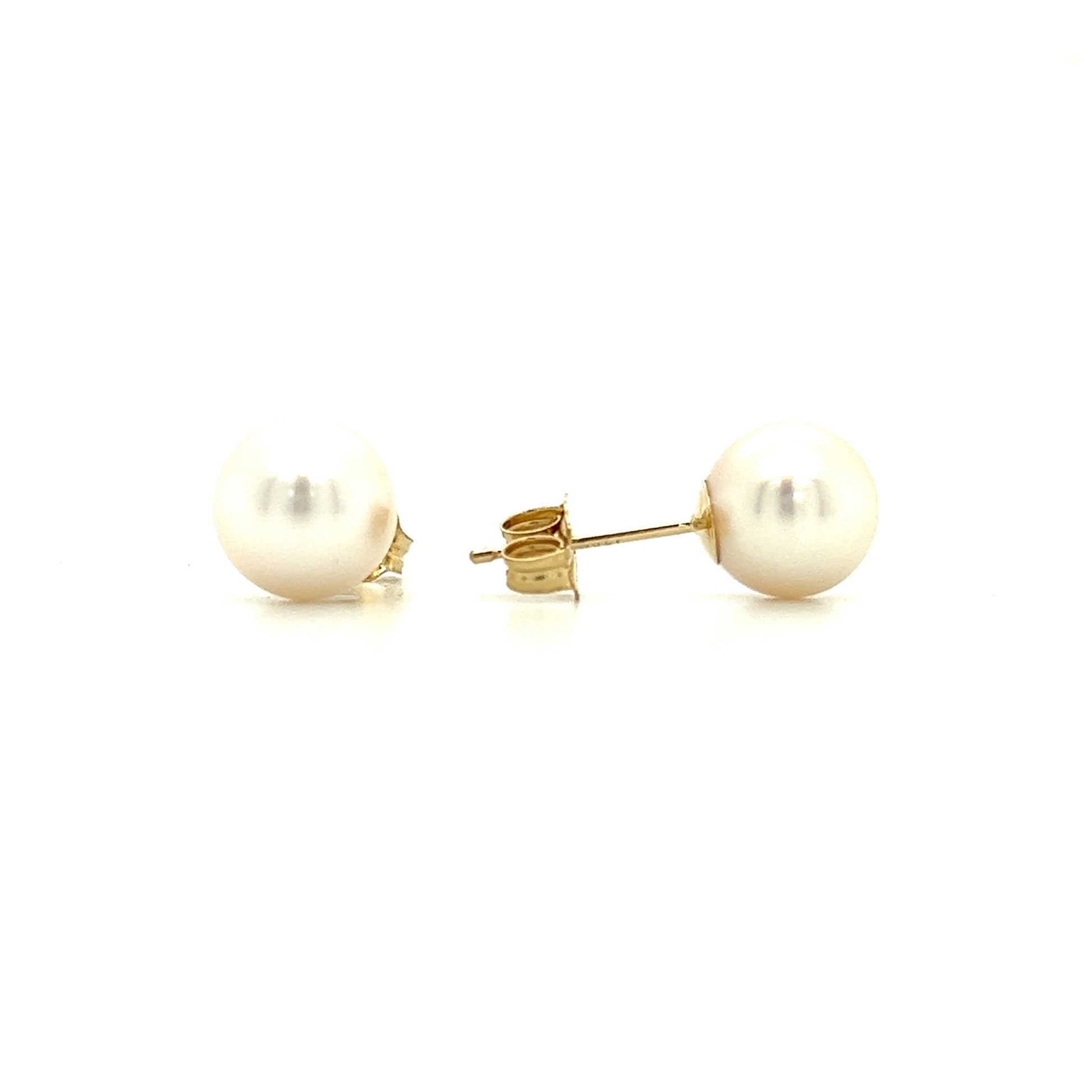 Pearl 7mm Stud Earrings in 14K Yellow Gold Front and Side View