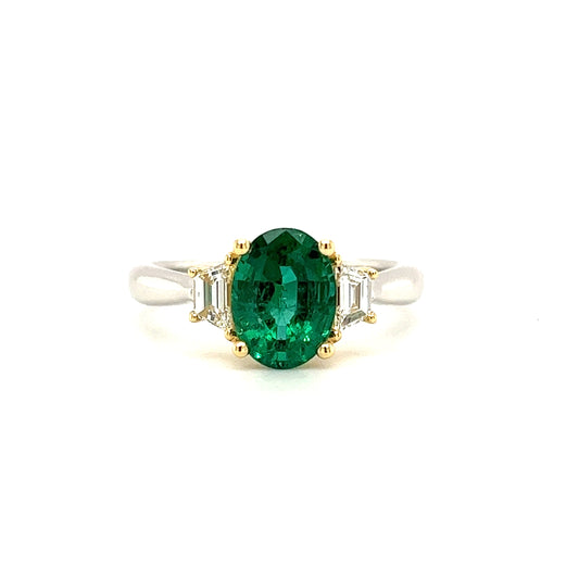 Oval Emerald with 2 Diamonds in 18K White and Yellow Gold Front View