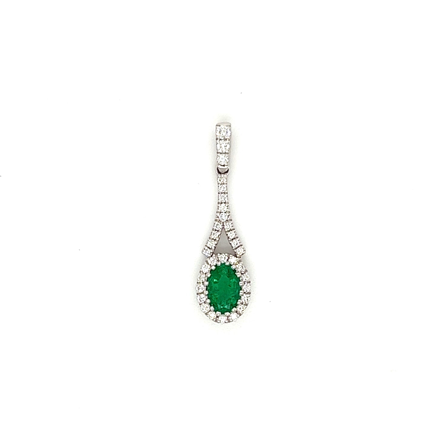 Oval Emerald Pendant with 32 Diamonds in 18K White Gold Pendant View
